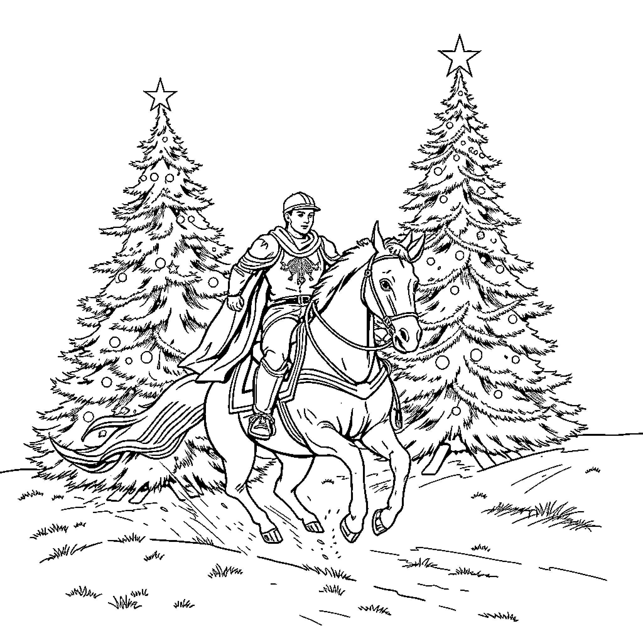 Cavalier riding through the snowy forest Coloring Page (free black-and-white line drawing printable PDF for all, from beginners to advanced learners, including children, teens, adults, and seniors)