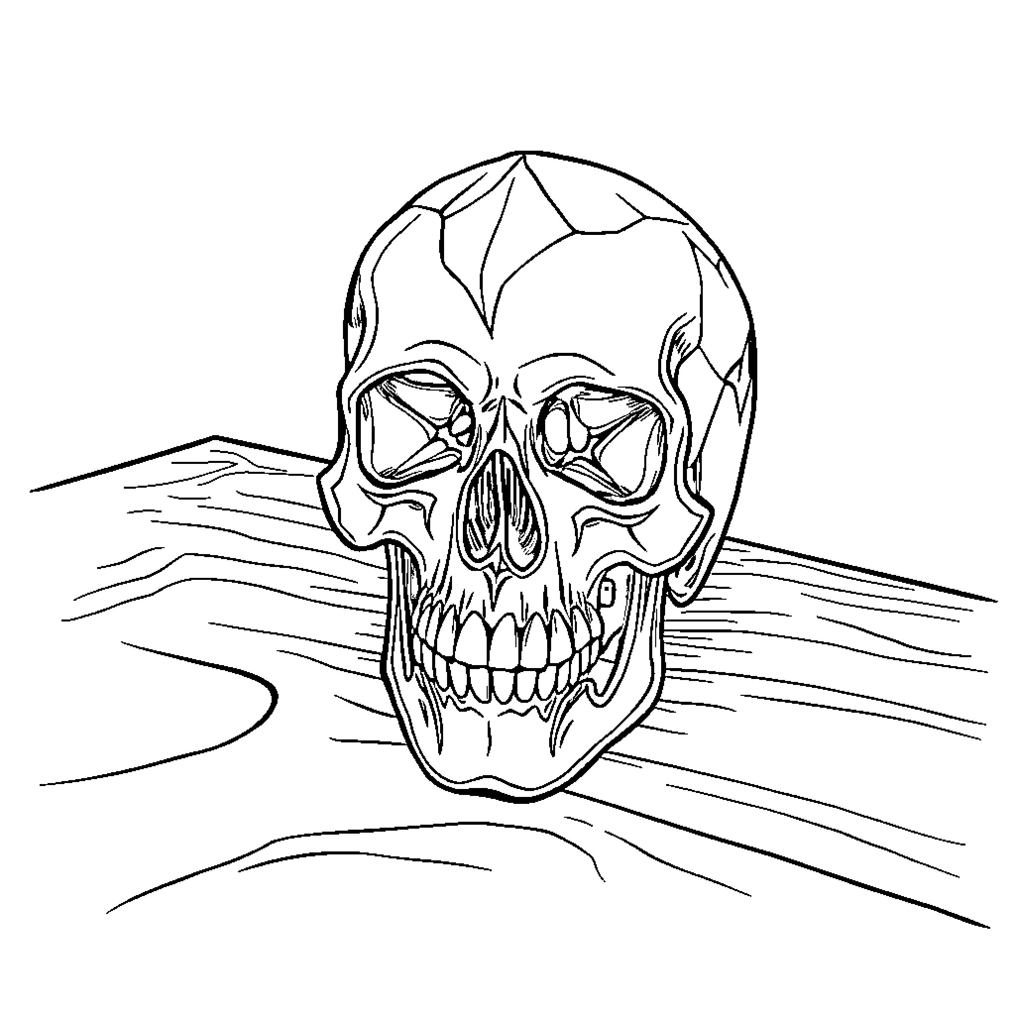 Crystal Skull Haunting in the Desert Coloring Page (free black-and-white line drawing printable PDF for all, from beginners to advanced learners, including children, teens, adults, and seniors)