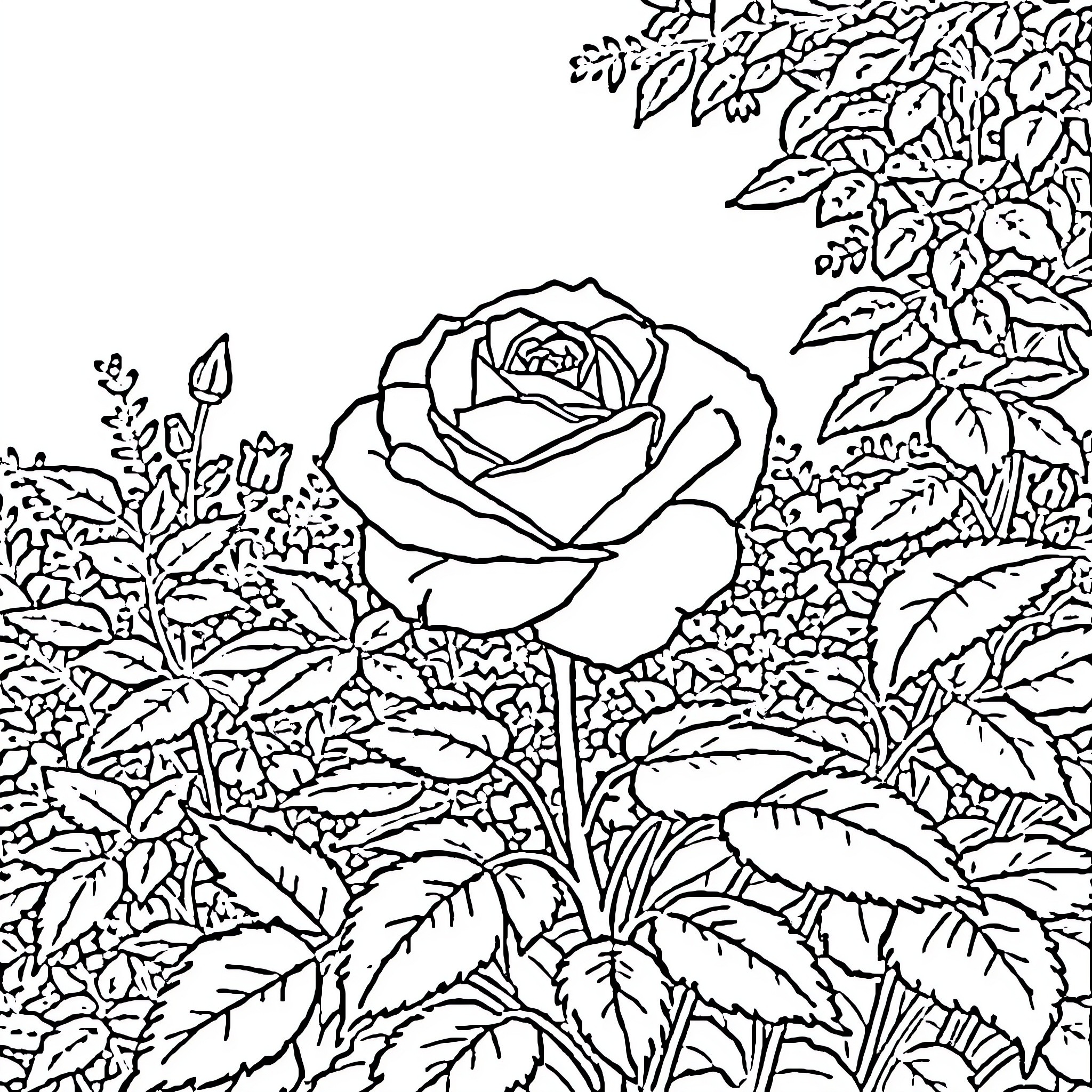 Rose Blooming Amidst Leafy Plants Coloring Page (free black-and-white line drawing printable PDF for all, from beginners to advanced learners, including children, teens, adults, and seniors)