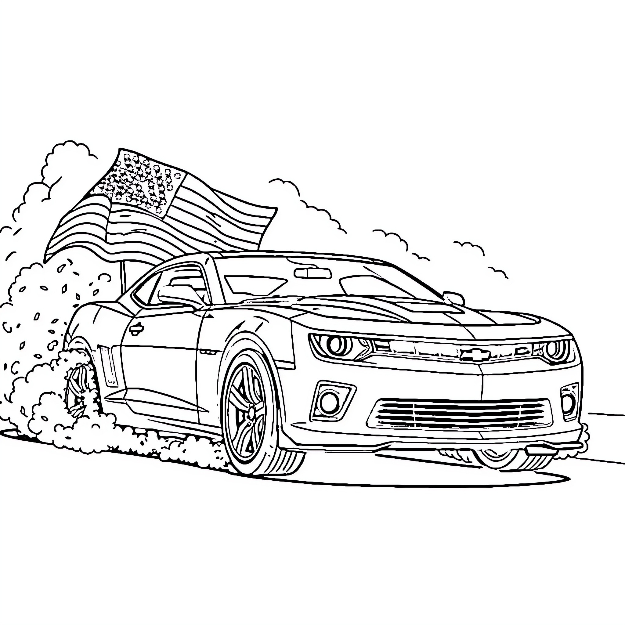 Camaro speeding with American flag Coloring Page (free black-and-white line drawing printable PDF for all, from beginners to advanced learners, including children, teens, adults, and seniors)