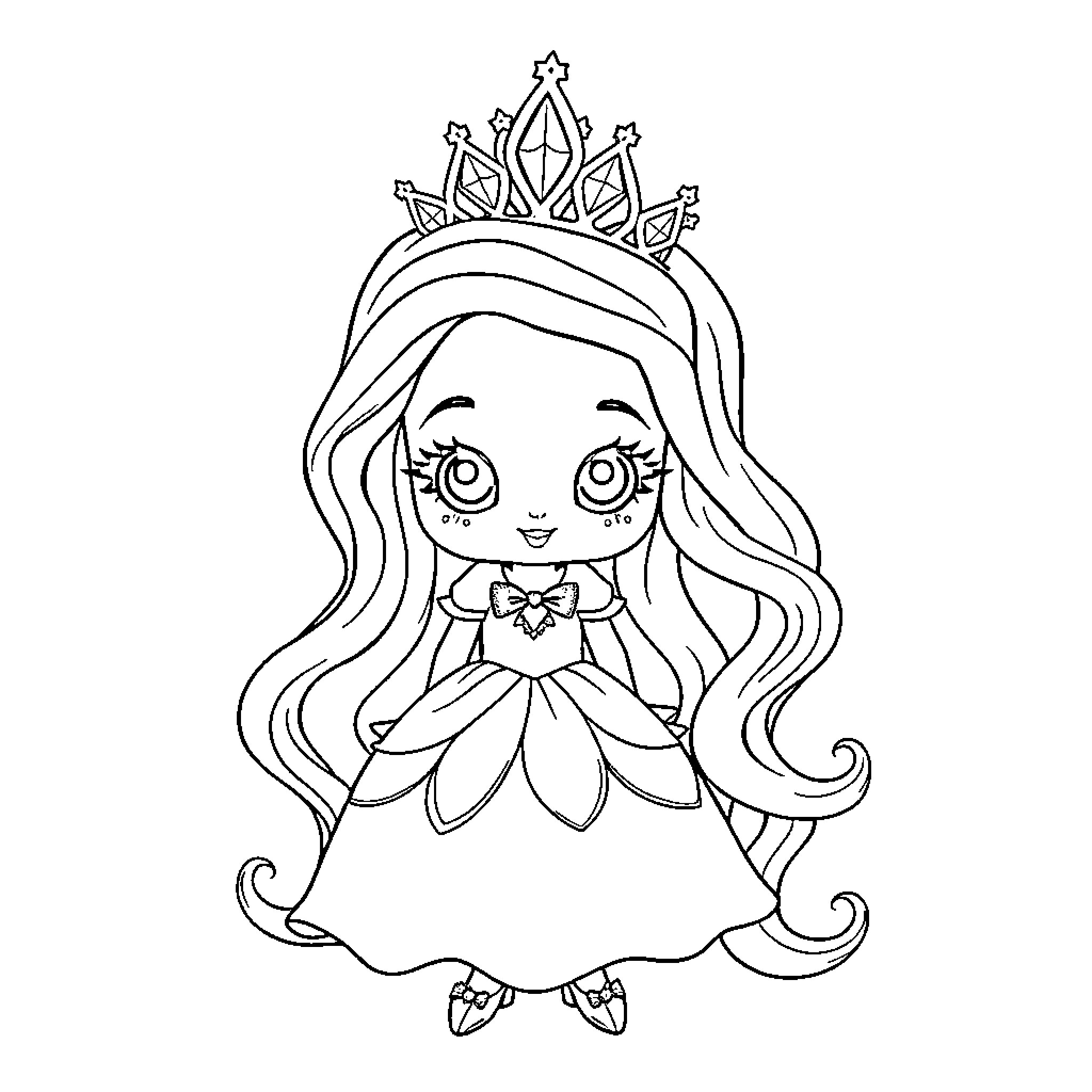 Princess in Fancy Dress with Tiara Coloring Page (free black-and-white line drawing printable PDF for all, from beginners to advanced learners, including children, teens, adults, and seniors)