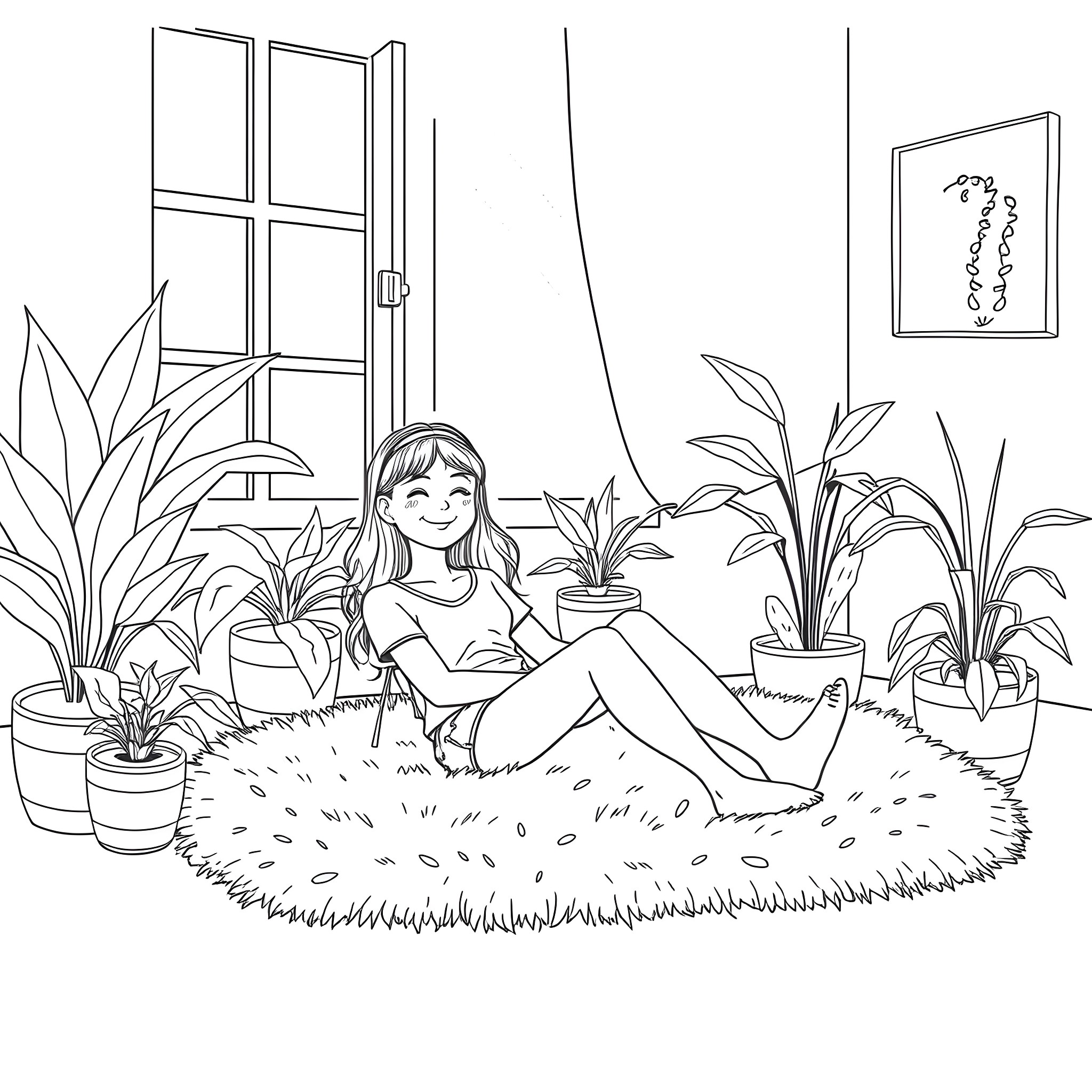 Teen Girl Enjoying Peaceful Moment in Cozy Indoor Garden Coloring Page (free black-and-white line drawing printable PDF for all, from beginners to advanced learners, including children, teens, adults, and seniors)