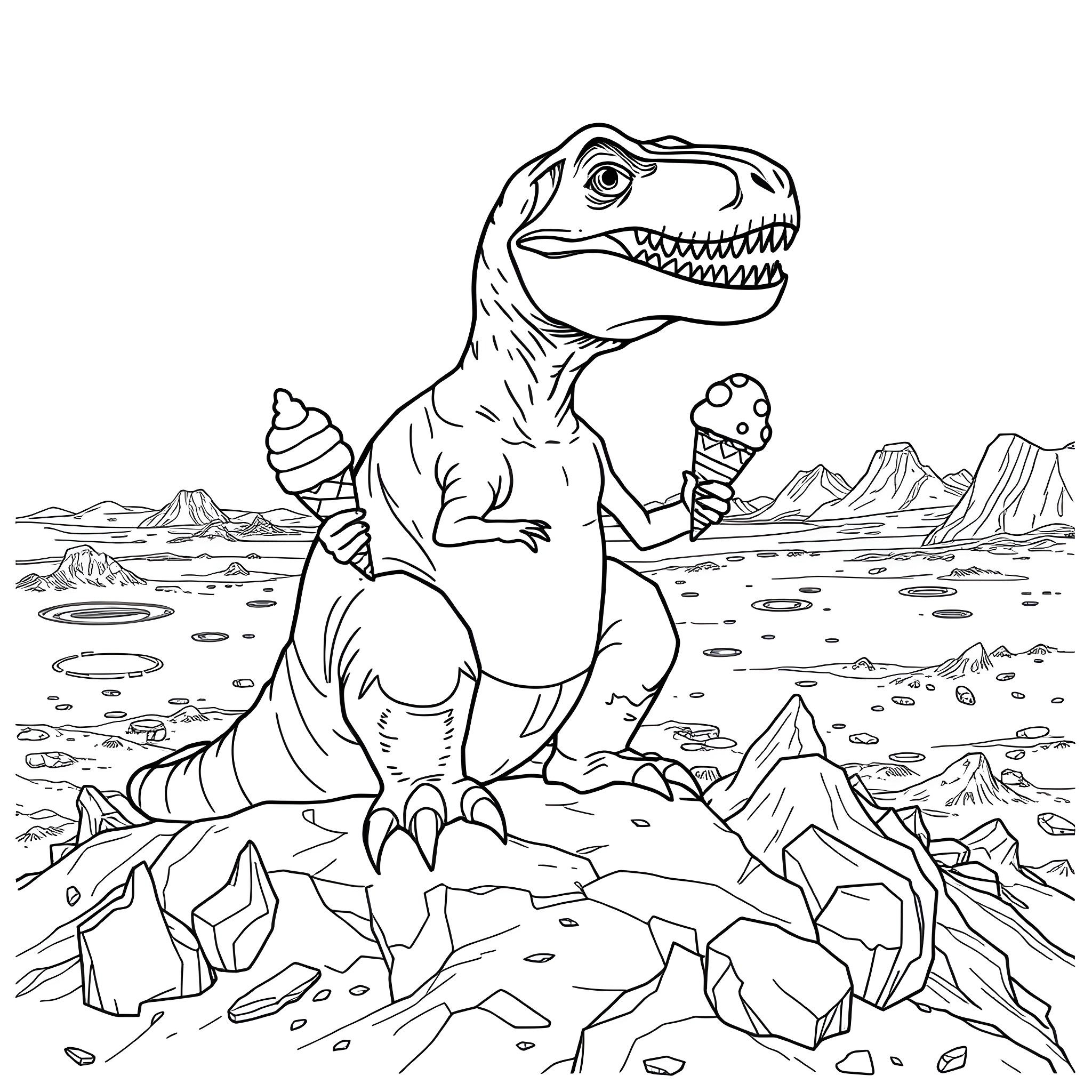 T-Rex Roaring on Prehistoric Landscape Coloring Page (free black-and-white line drawing printable PDF for all, from beginners to advanced learners, including children, teens, adults, and seniors)