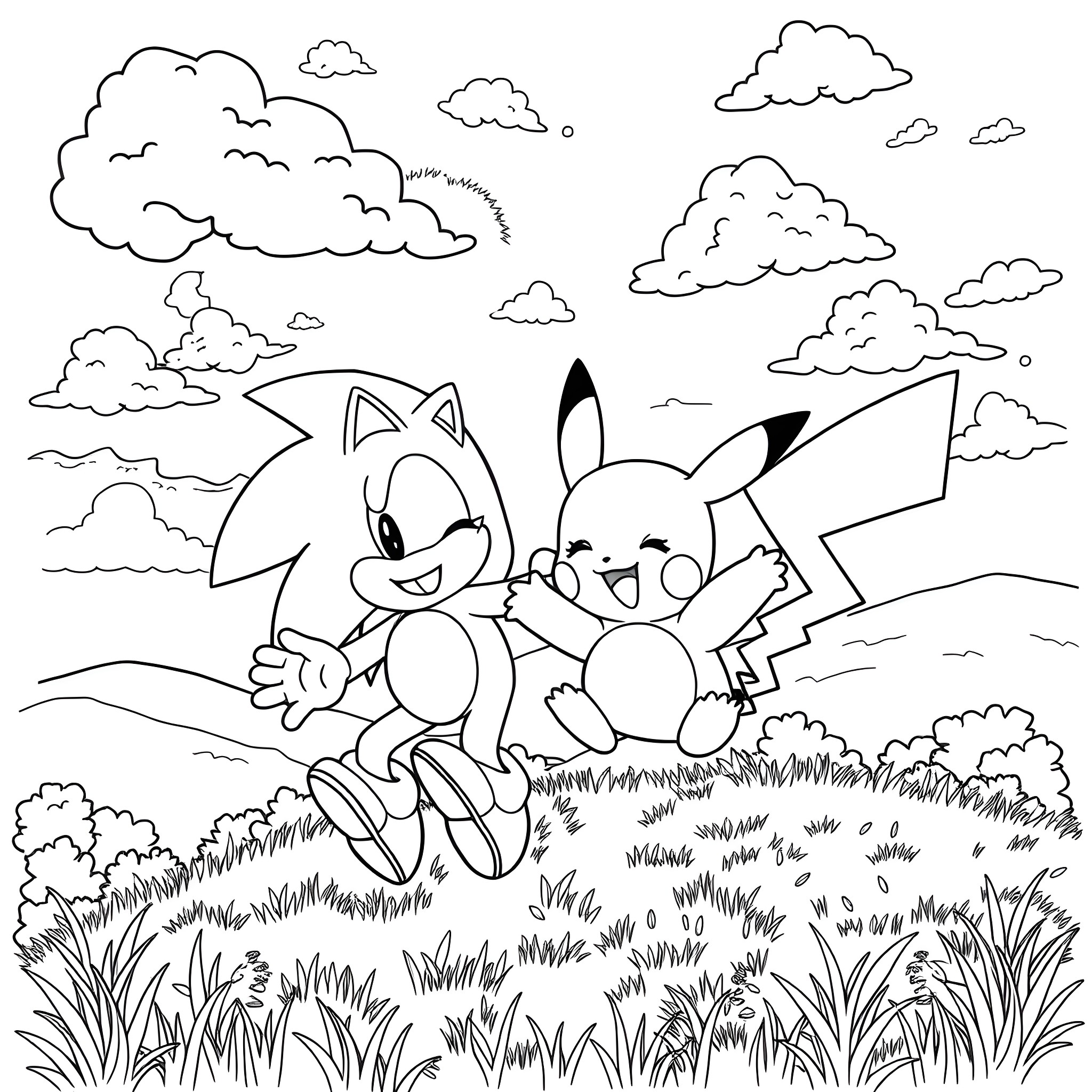 Pikachu and Sonic Adventuring Together in the Meadow Coloring Page (free black-and-white line drawing printable PDF for all, from beginners to advanced learners, including children, teens, adults, and seniors)