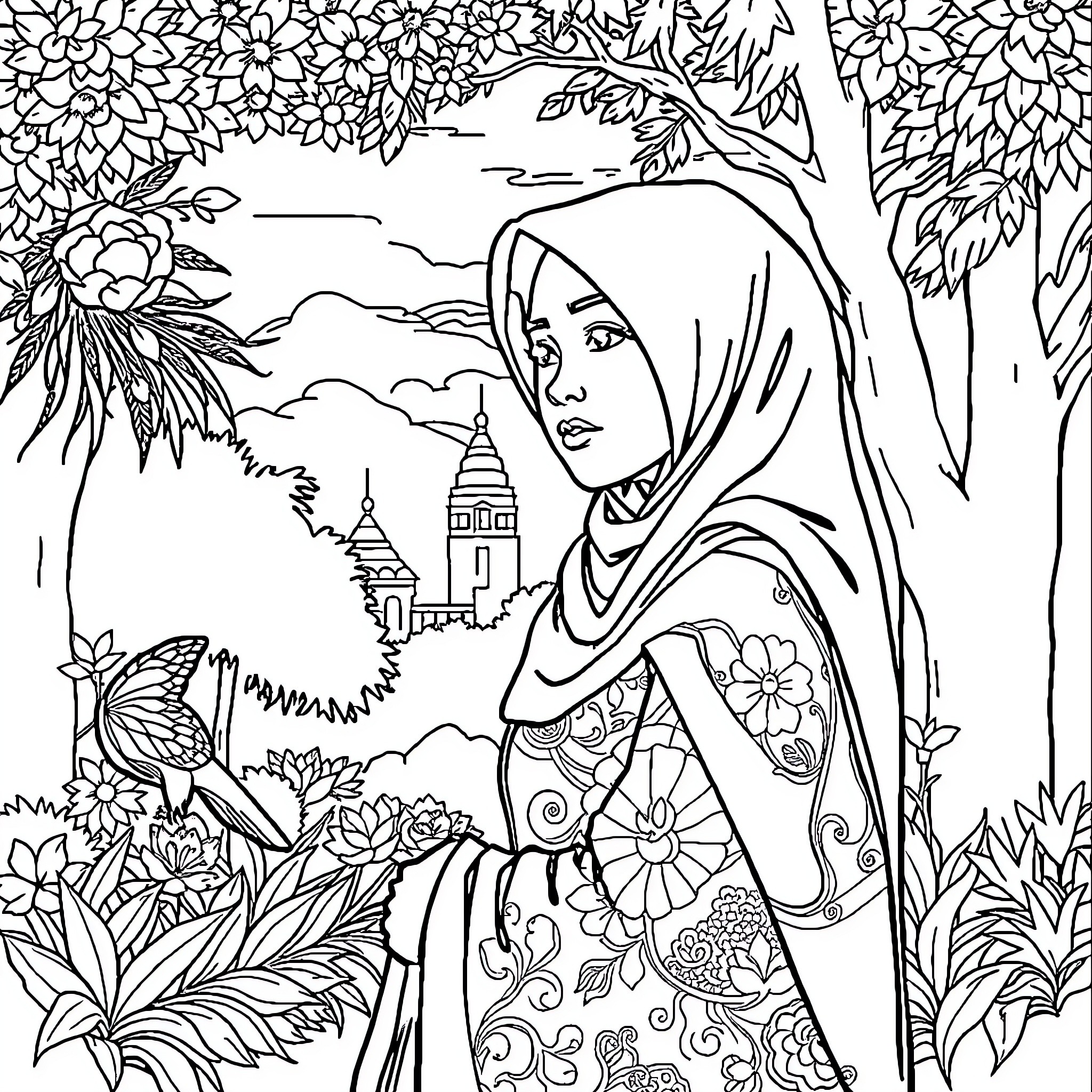 Woman in ornate headscarf amidst floral scenery Coloring Page (free black-and-white line drawing printable PDF for all, from beginners to advanced learners, including children, teens, adults, and seniors)