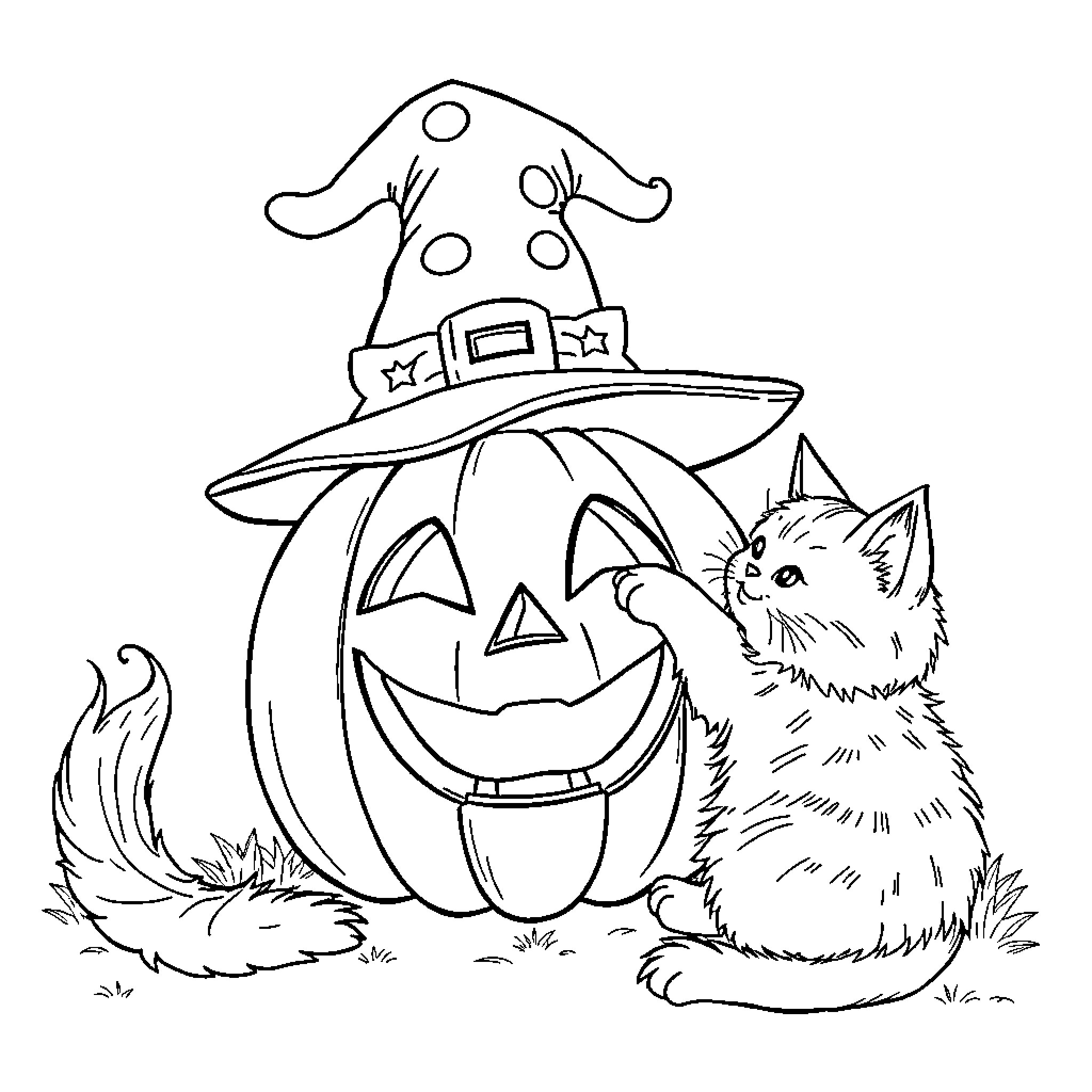 Jack-o'-lantern and curious kitten on Halloween Coloring Page (free black-and-white line drawing printable PDF for all, from beginners to advanced learners, including children, teens, adults, and seniors)