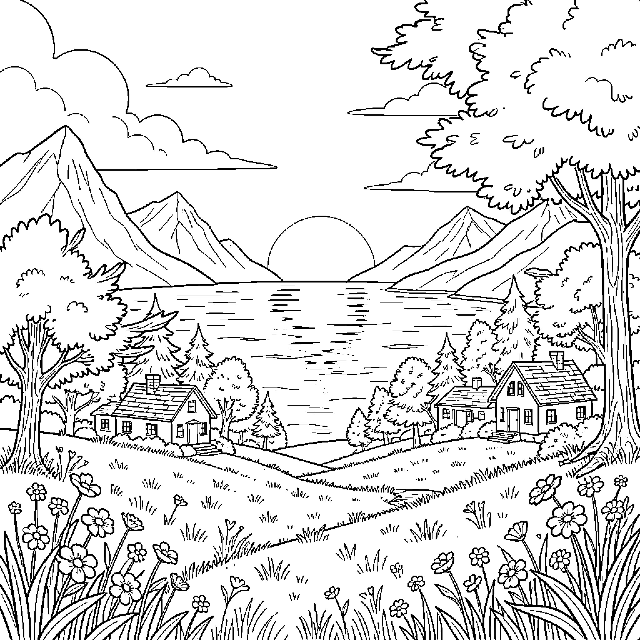 Landscape of a serene rural village scene Coloring Page (free black-and-white line drawing printable PDF for all, from beginners to advanced learners, including children, teens, adults, and seniors)