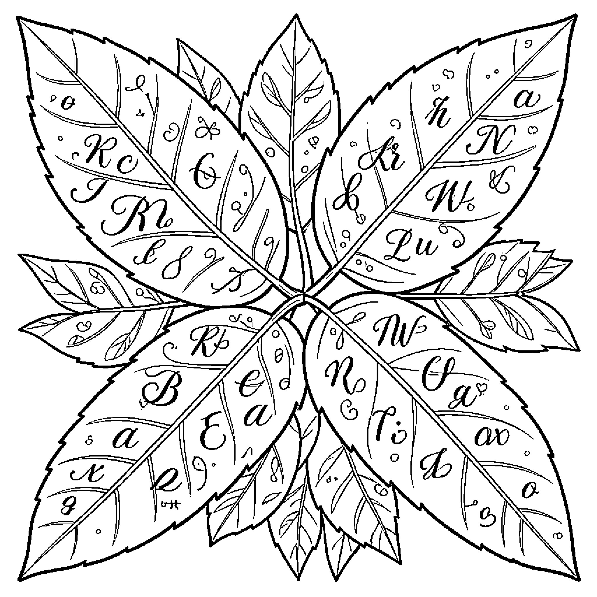 Calligraphy of nature-inspired design with leaves Coloring Page (free black-and-white line drawing printable PDF for all, from beginners to advanced learners, including children, teens, adults, and seniors)
