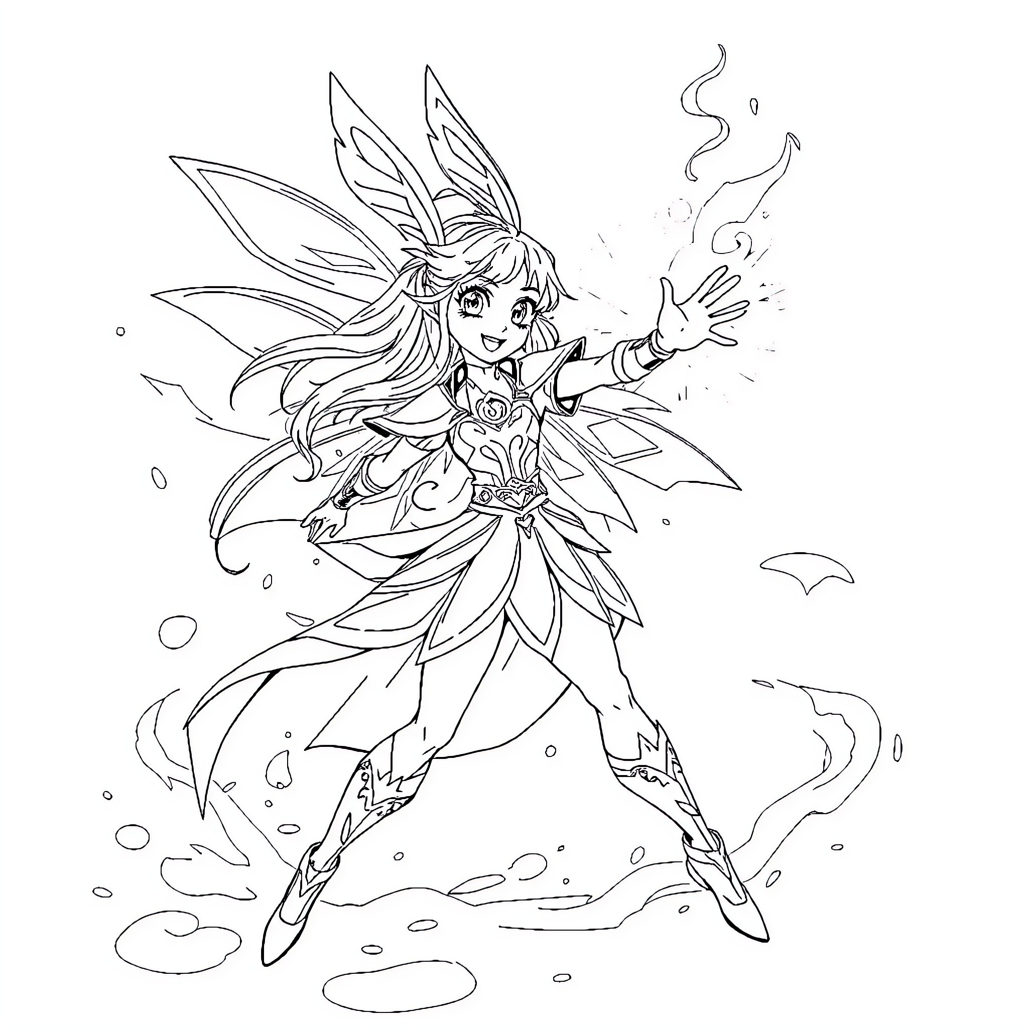 Magical Girl Using Powerful Magic Coloring Page (free black-and-white line drawing printable PDF for all, from beginners to advanced learners, including children, teens, adults, and seniors)