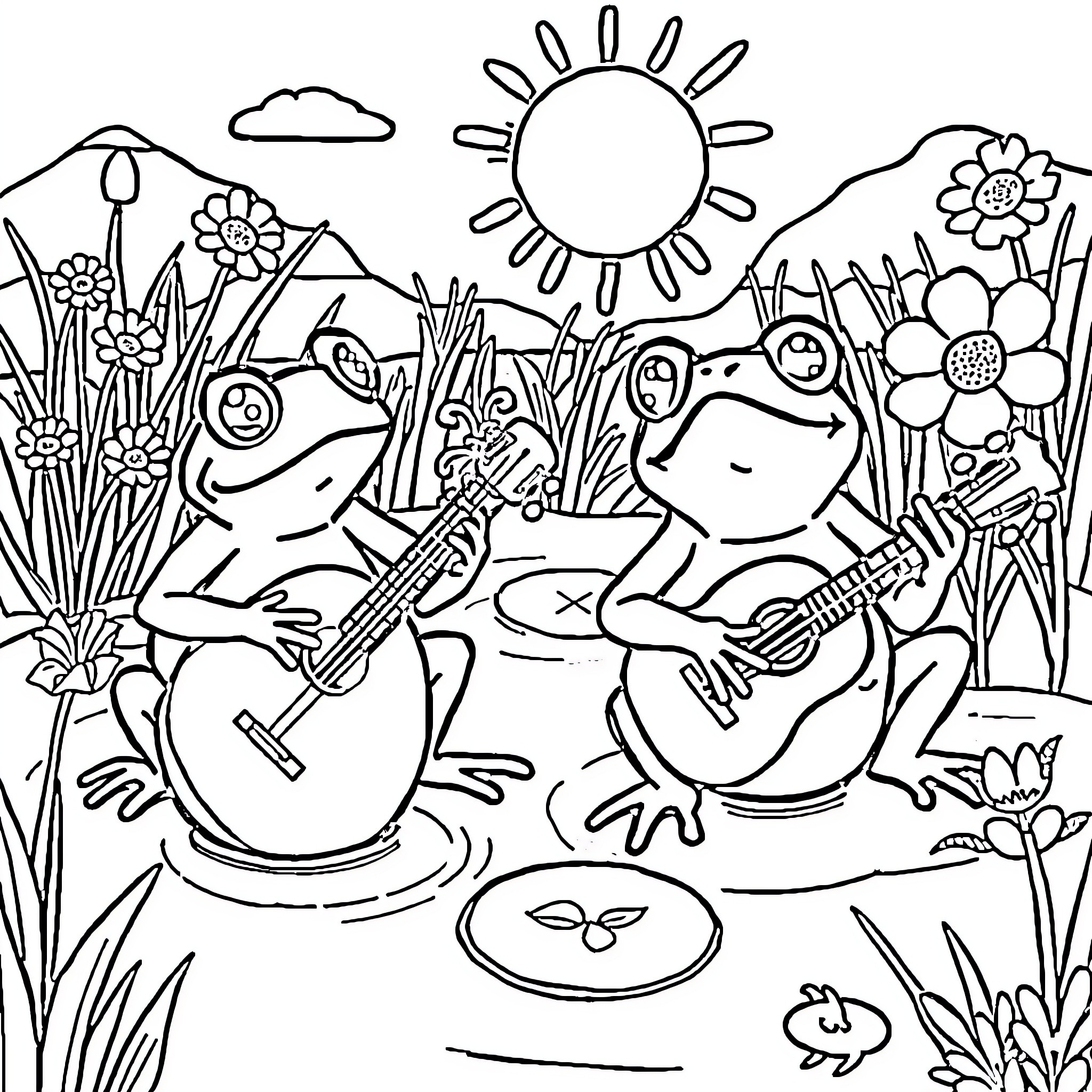 Toad musicians playing guitars in a nature scene Coloring Page (free black-and-white line drawing printable PDF for all, from beginners to advanced learners, including children, teens, adults, and seniors)