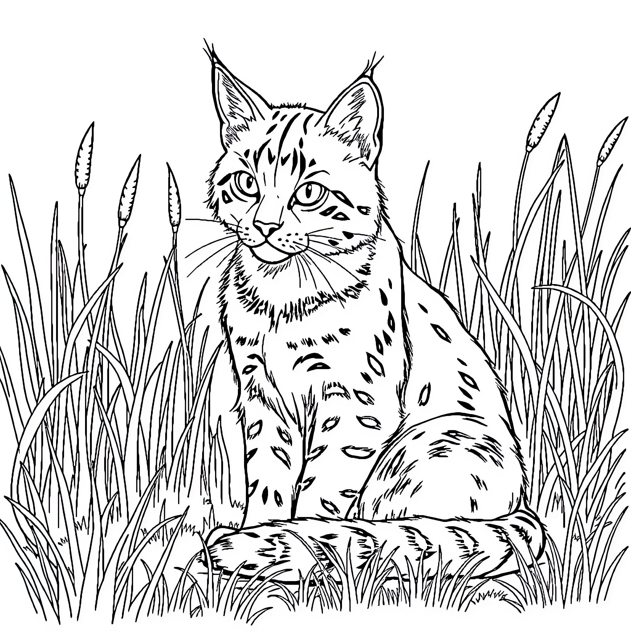 Wildcat resting in tall grass Coloring Page (free black-and-white line drawing printable PDF for all, from beginners to advanced learners, including children, teens, adults, and seniors)