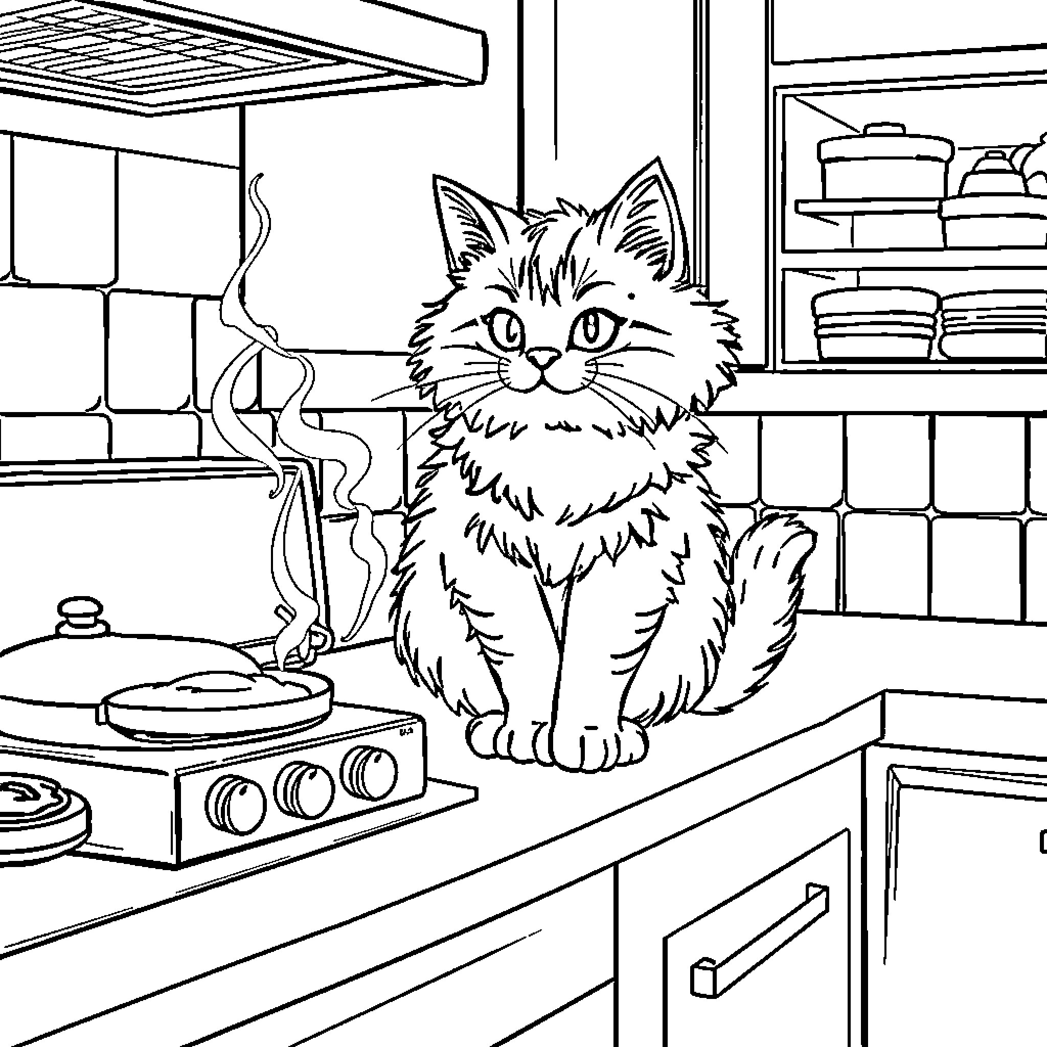 Cat observing in the kitchen Coloring Page (free black-and-white line drawing printable PDF for all, from beginners to advanced learners, including children, teens, adults, and seniors)