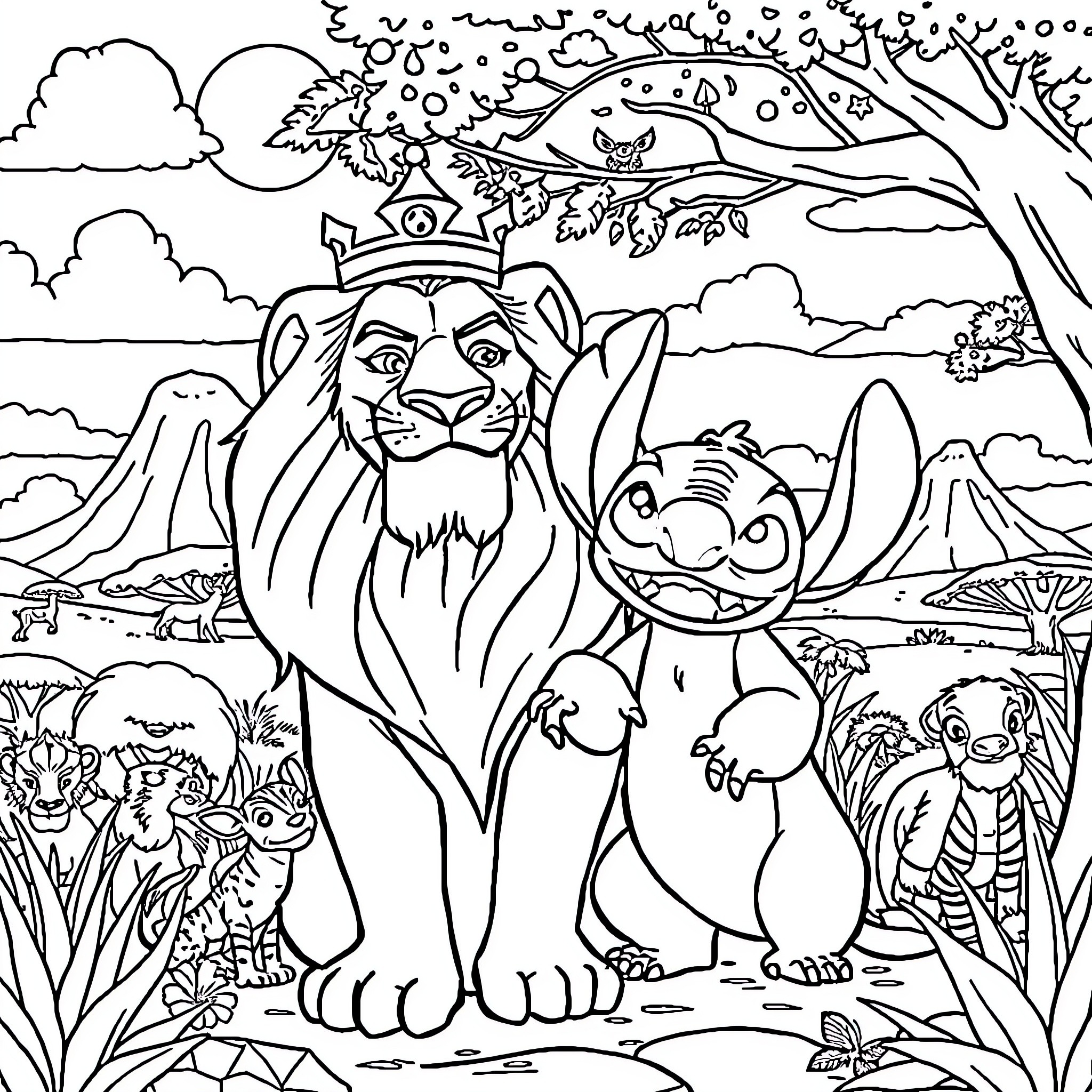 Lion and Friends in Enchanted Forest Landscape Coloring Page (free black-and-white line drawing printable PDF for all, from beginners to advanced learners, including children, teens, adults, and seniors)