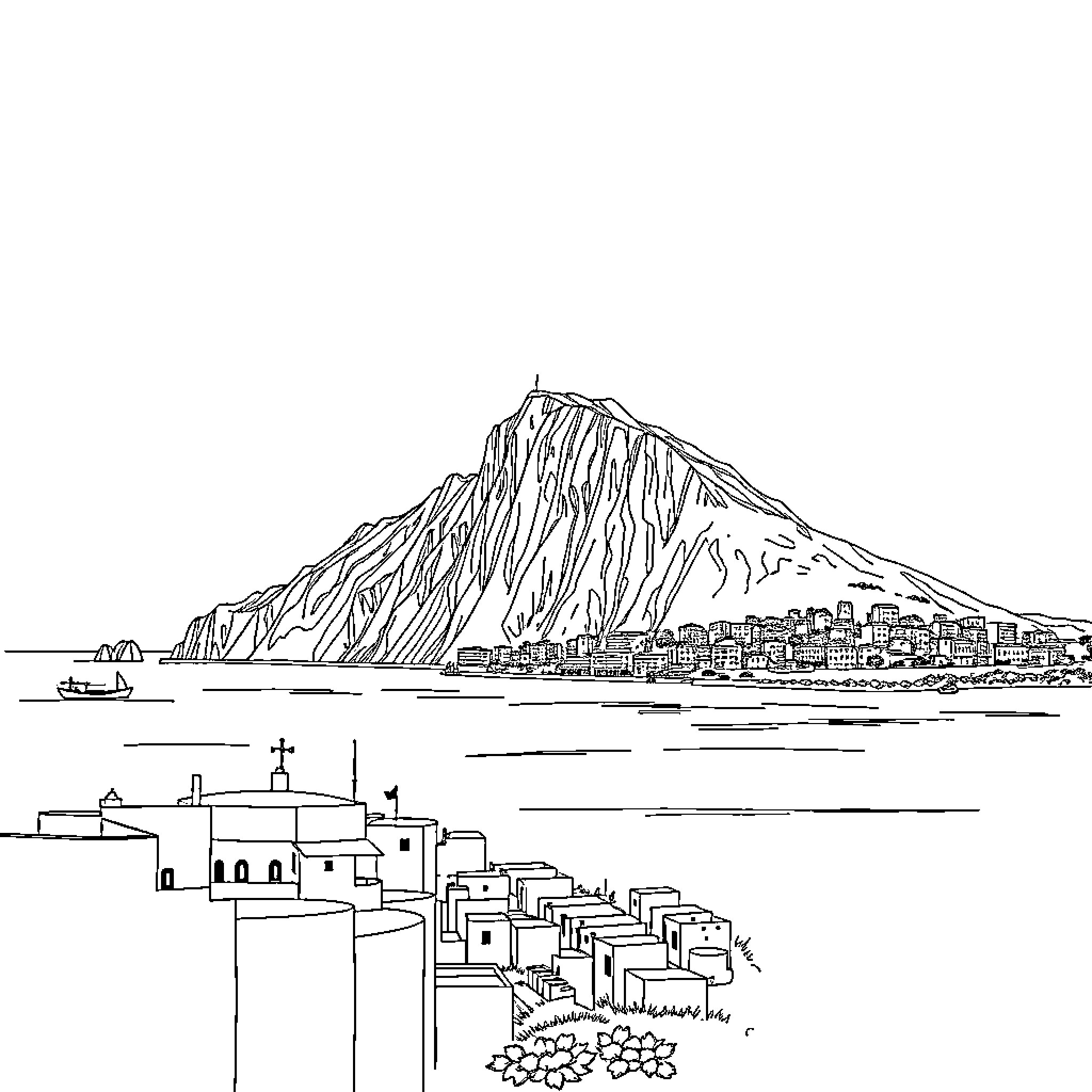 Rock Formation Overlooking a Coastal Town Coloring Page (free black-and-white line drawing printable PDF for all, from beginners to advanced learners, including children, teens, adults, and seniors)