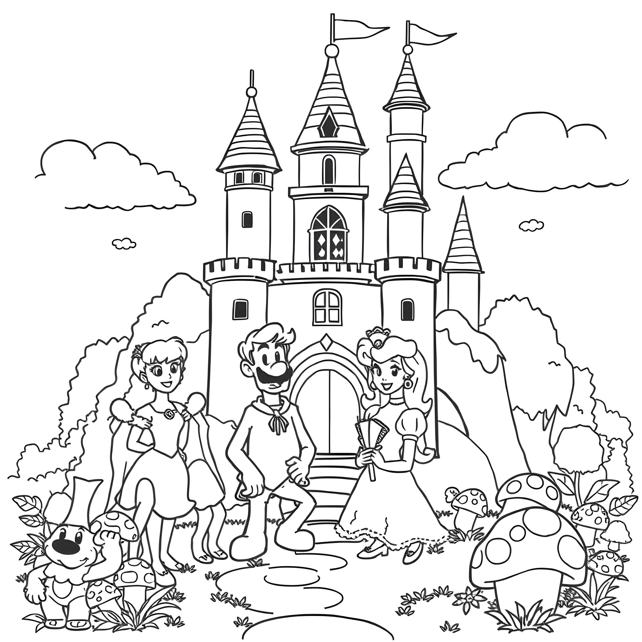 Mario and friends explore a whimsical fantasy castle Coloring Page (free black-and-white line drawing printable PDF for all, from beginners to advanced learners, including children, teens, adults, and seniors)