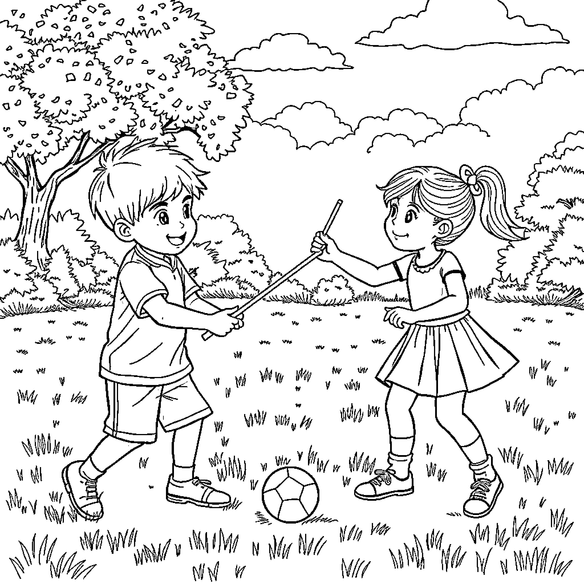 Niño y Niña Jugando al Fútbol en el Parque Coloring Page (free black-and-white line drawing printable PDF for all, from beginners to advanced learners, including children, teens, adults, and seniors)