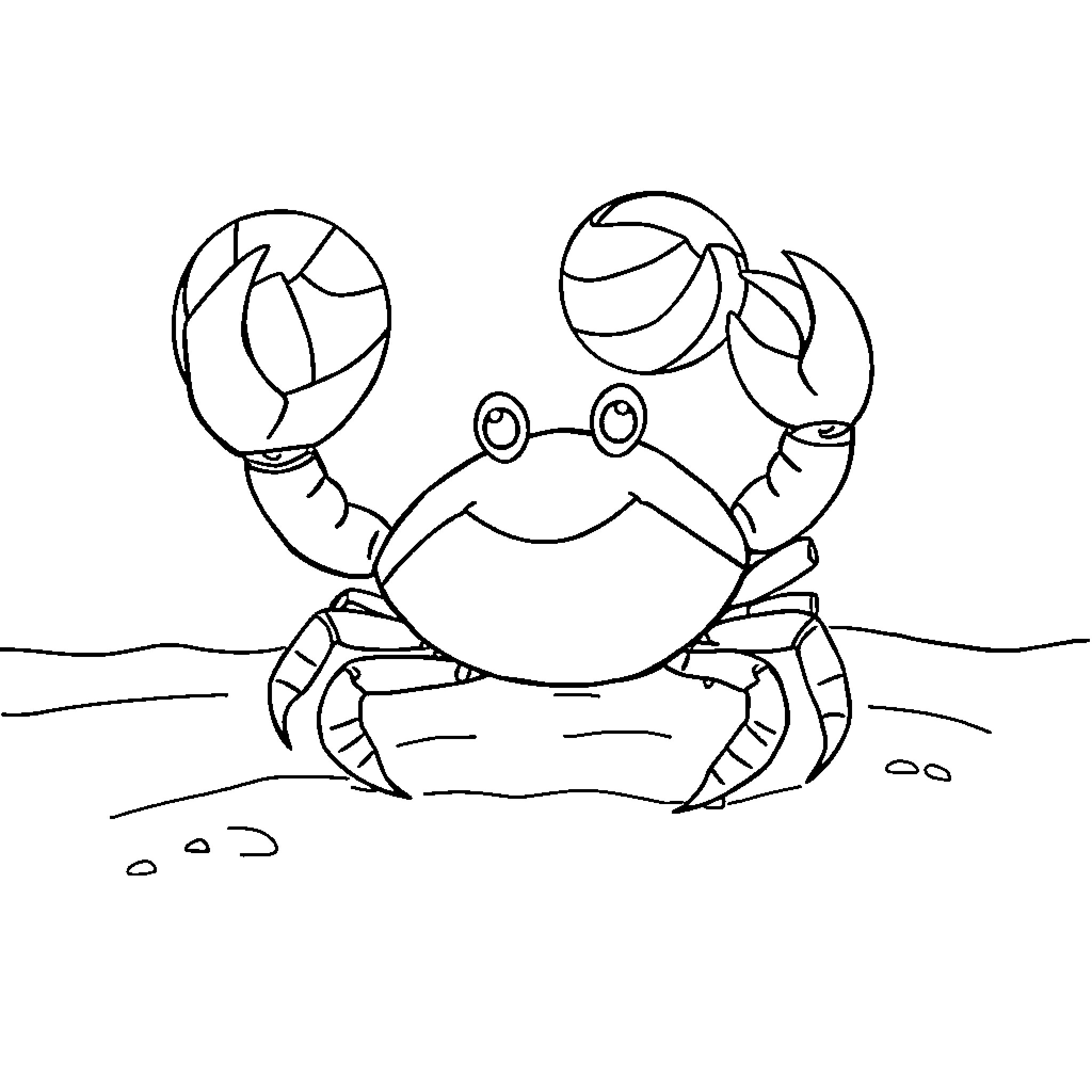 Crab Playing with Beachballs on Shore Coloring Page (free black-and-white line drawing printable PDF for all, from beginners to advanced learners, including children, teens, adults, and seniors)