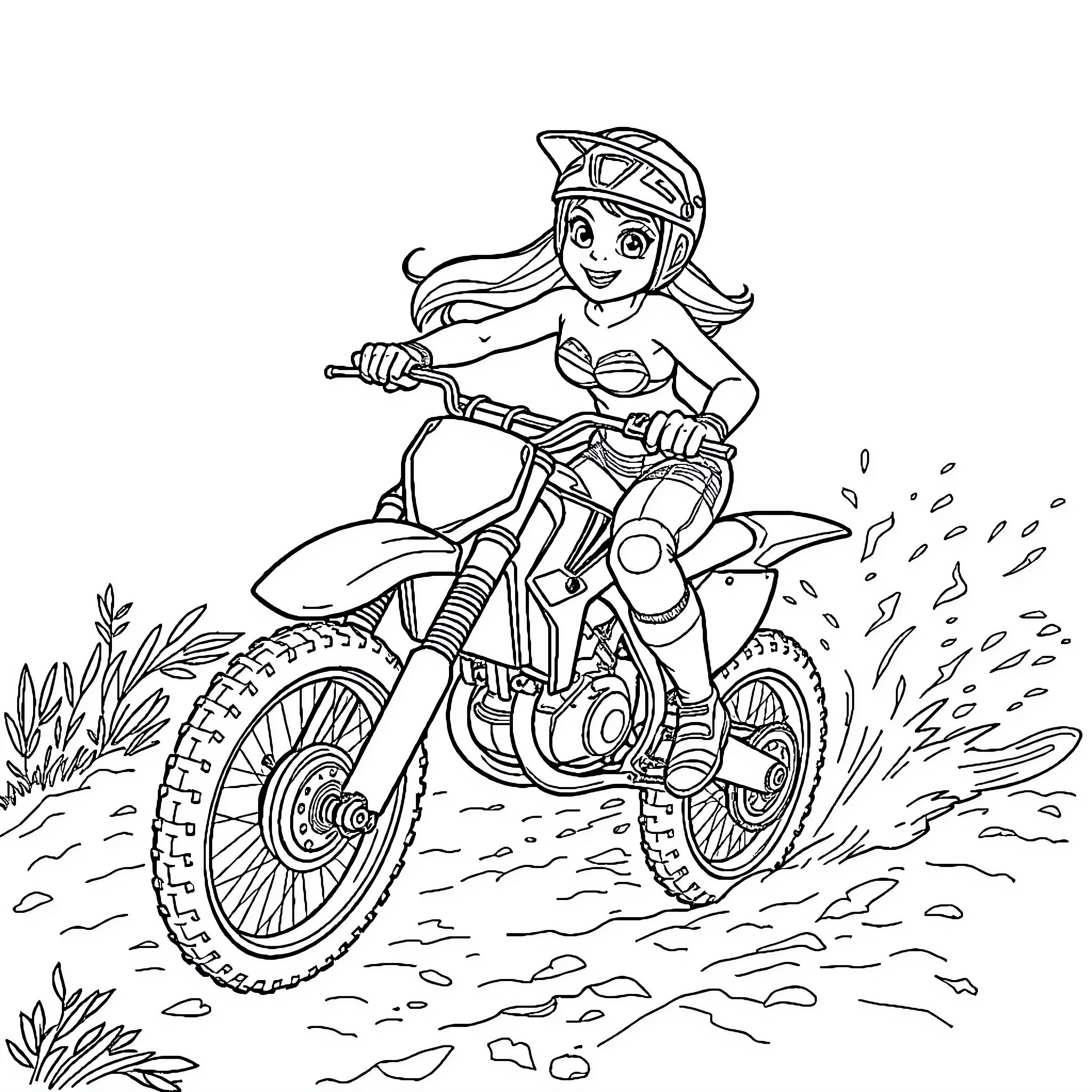 Ariel riding dirt bike through muddy terrain Coloring Page (free black-and-white line drawing printable PDF for all, from beginners to advanced learners, including children, teens, adults, and seniors)