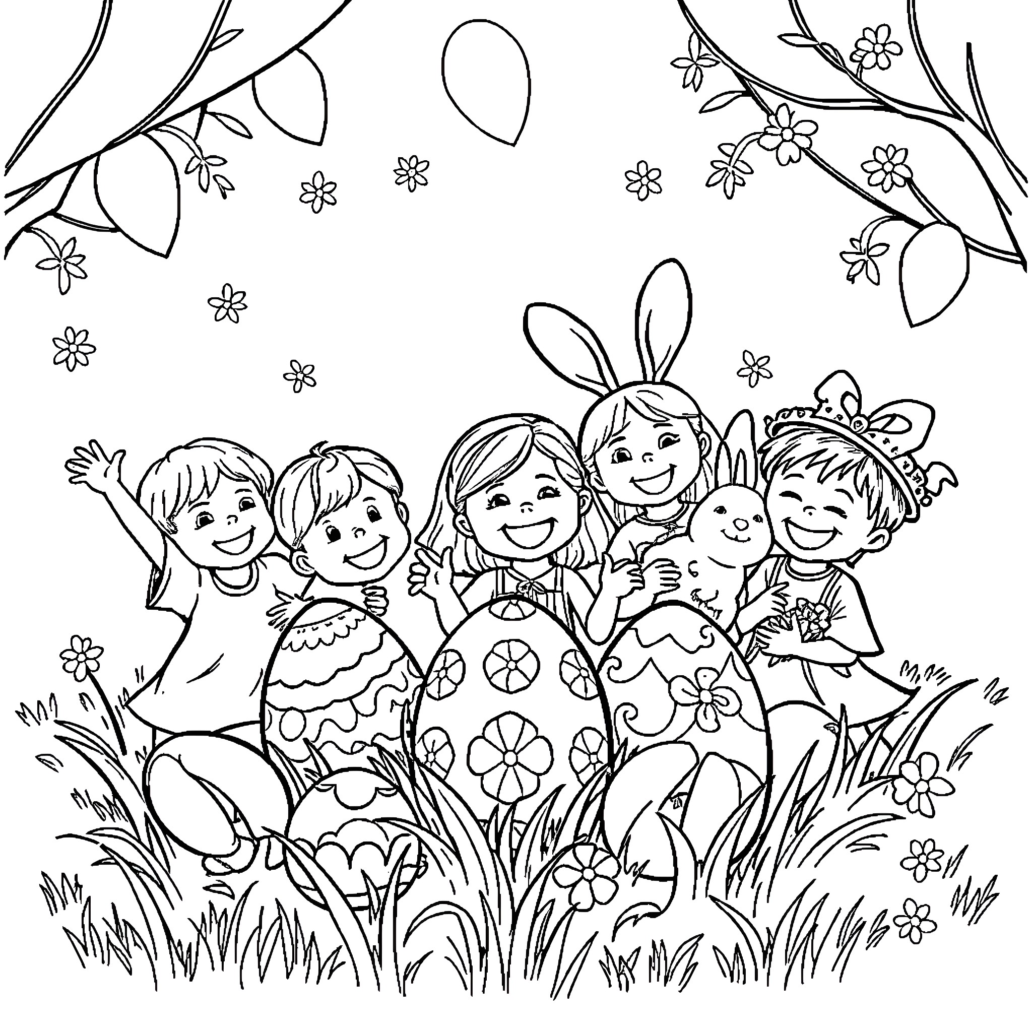 Easter celebration with happy children Coloring Page (free black-and-white line drawing printable PDF for all, from beginners to advanced learners, including children, teens, adults, and seniors)