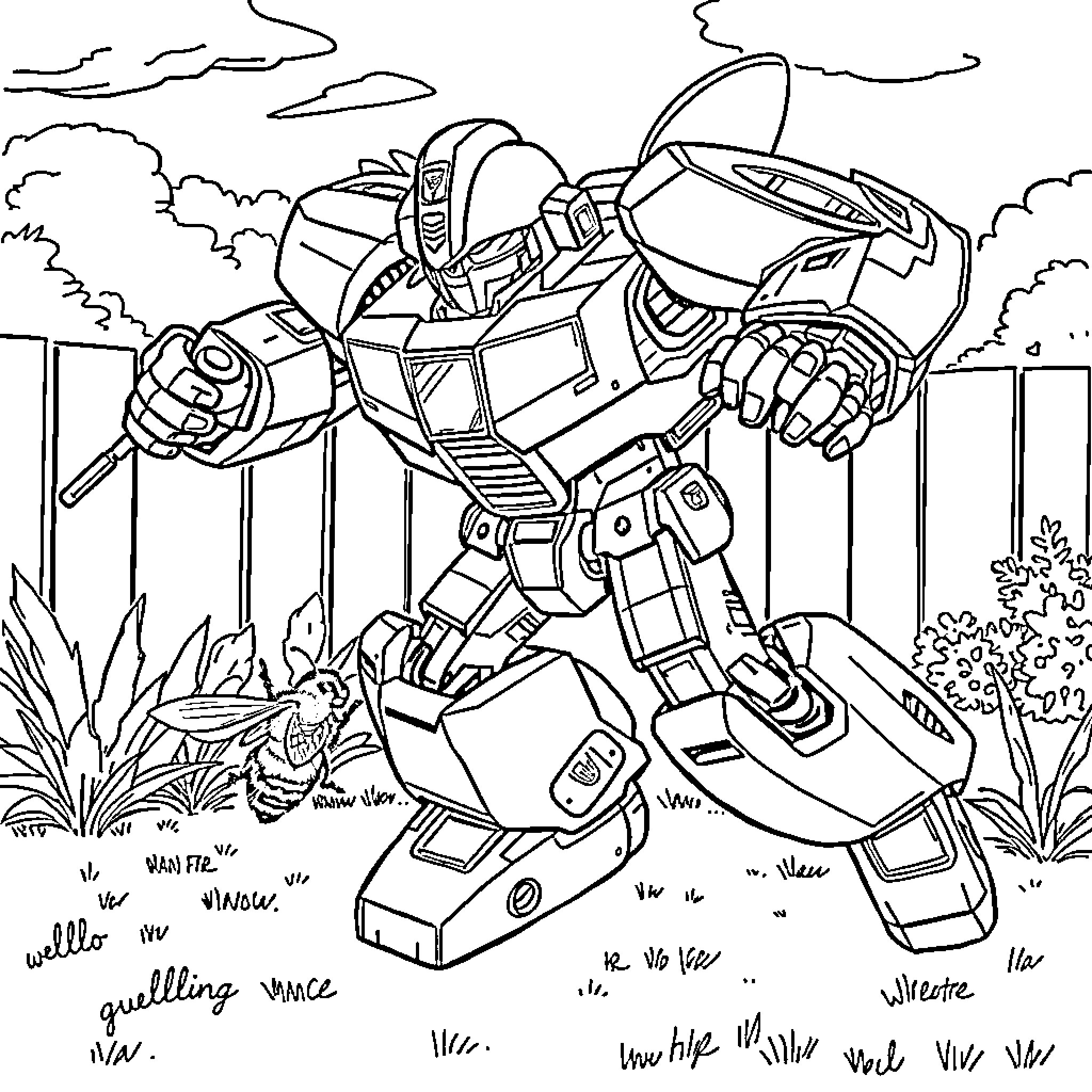 Bumblebee transforming amidst nature's backdrop Coloring Page (free black-and-white line drawing printable PDF for all, from beginners to advanced learners, including children, teens, adults, and seniors)