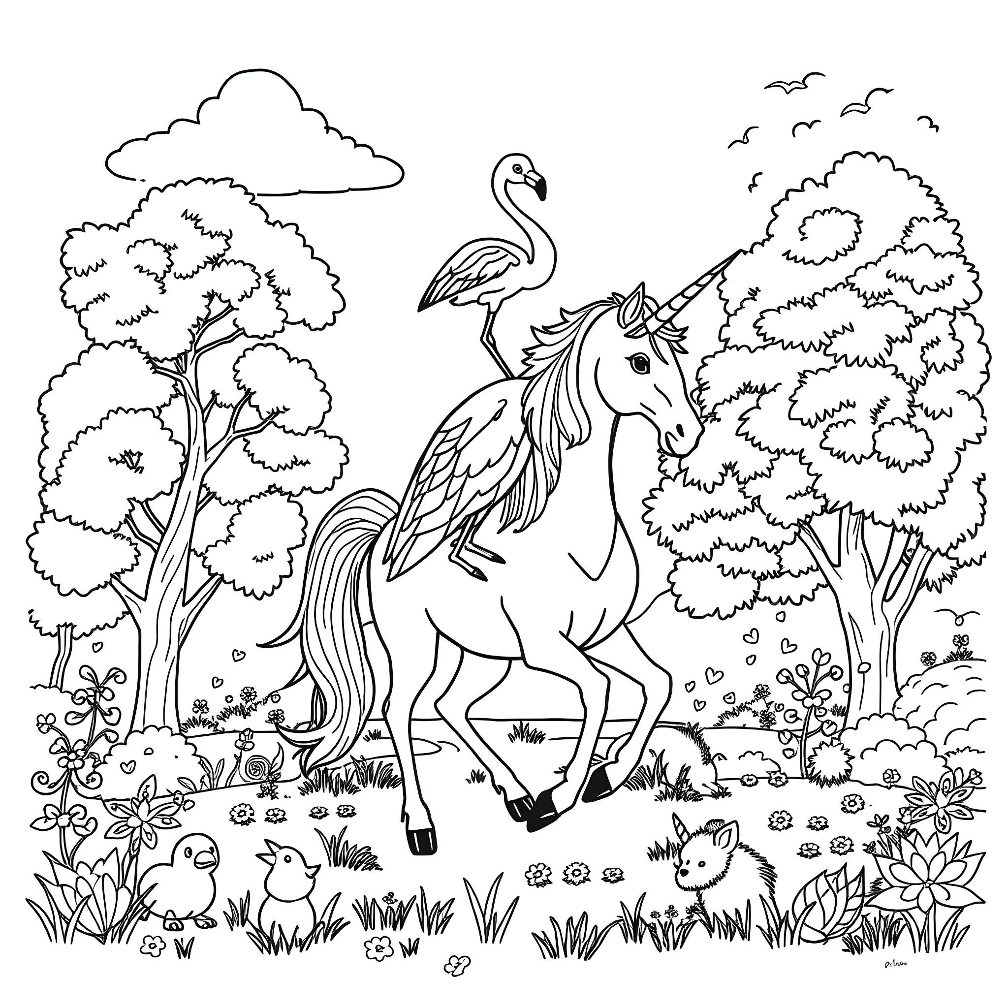 Flamingo and Unicorn in Magical Forest Coloring Page (free black-and-white line drawing printable PDF for all, from beginners to advanced learners, including children, teens, adults, and seniors)