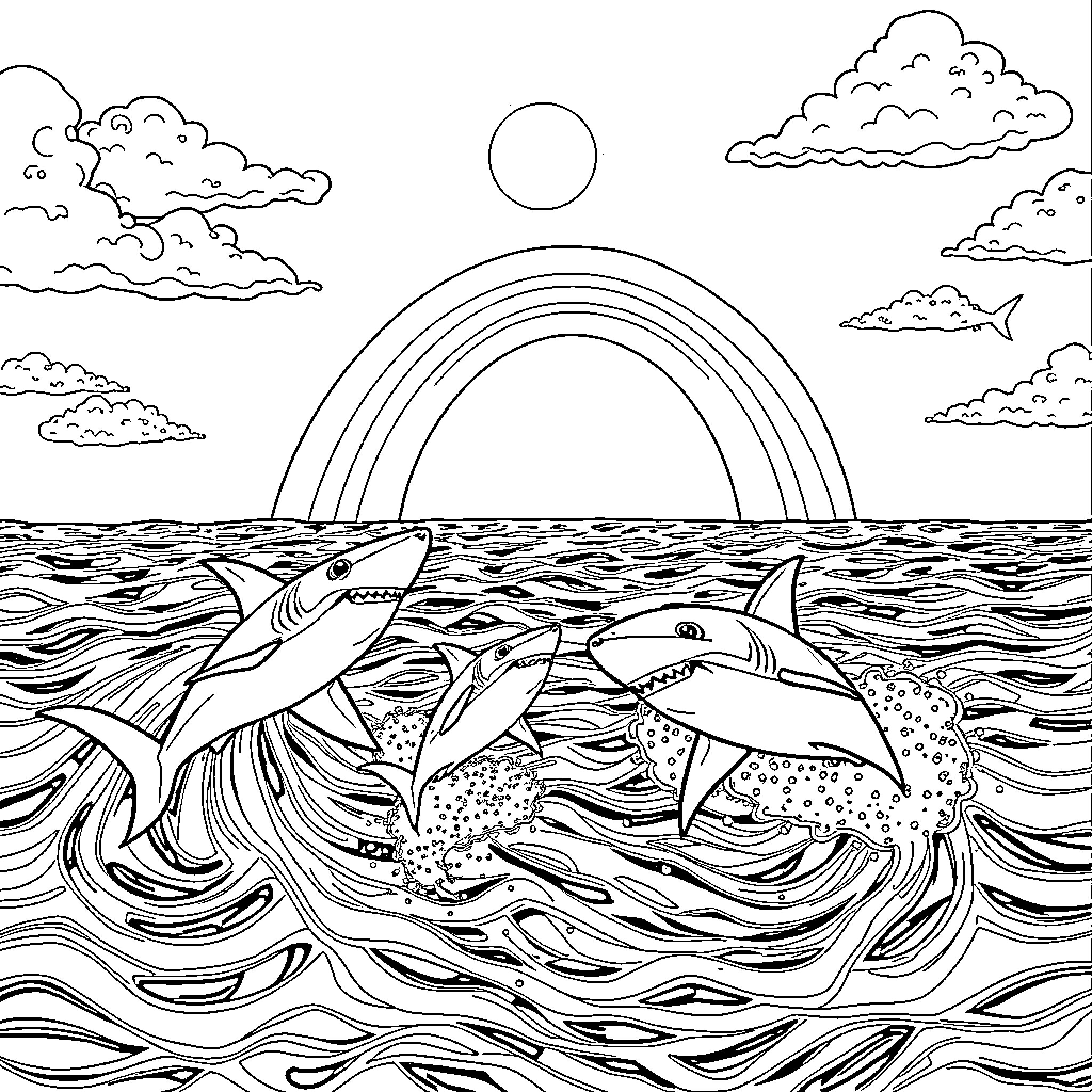 Sharks swimming in the ocean under a rainbow Coloring Page (free black-and-white line drawing printable PDF for all, from beginners to advanced learners, including children, teens, adults, and seniors)