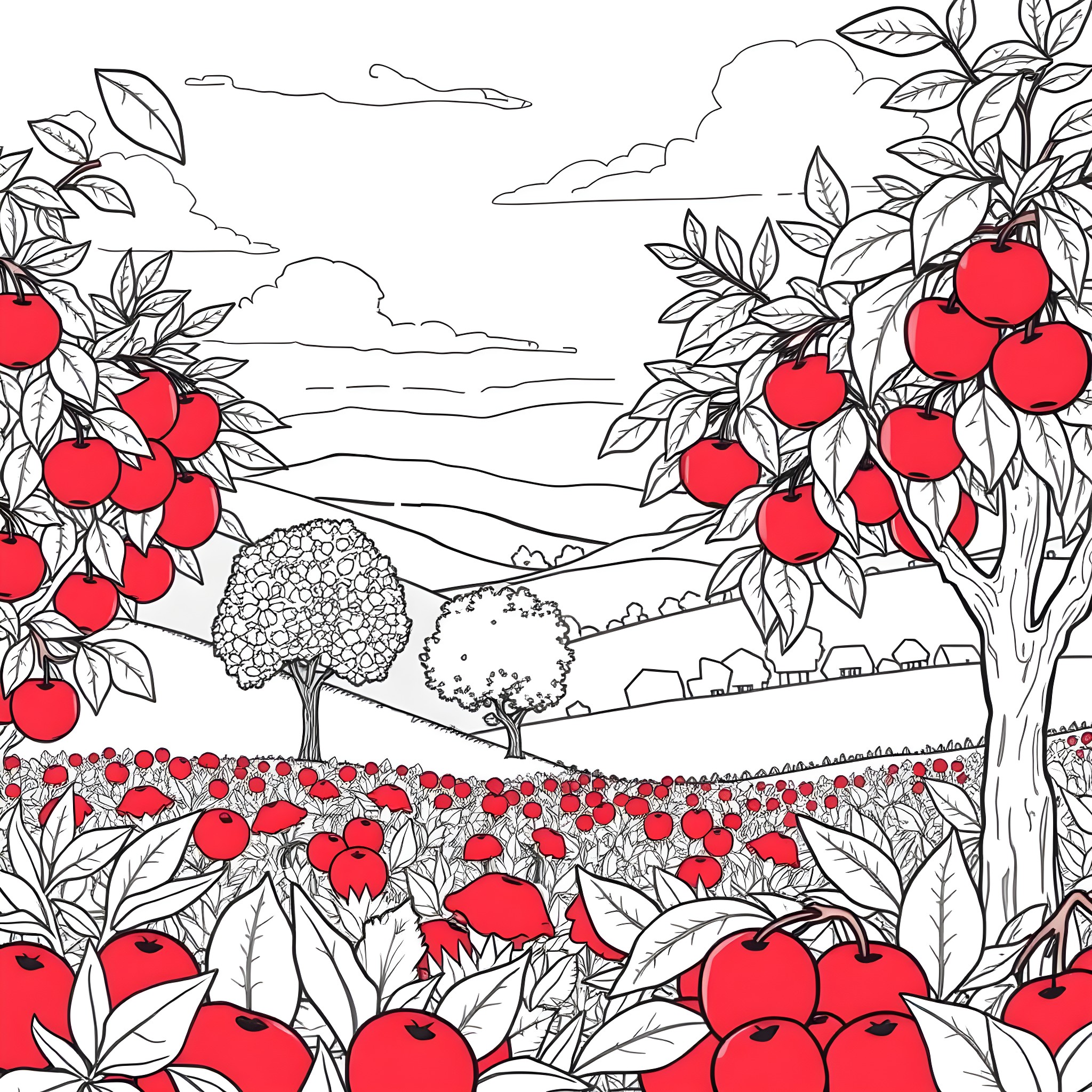 Fruit Orchard Filled with Vibrant Apples and Lush Foliage Coloring Page (free black-and-white line drawing printable PDF for all, from beginners to advanced learners, including children, teens, adults, and seniors)