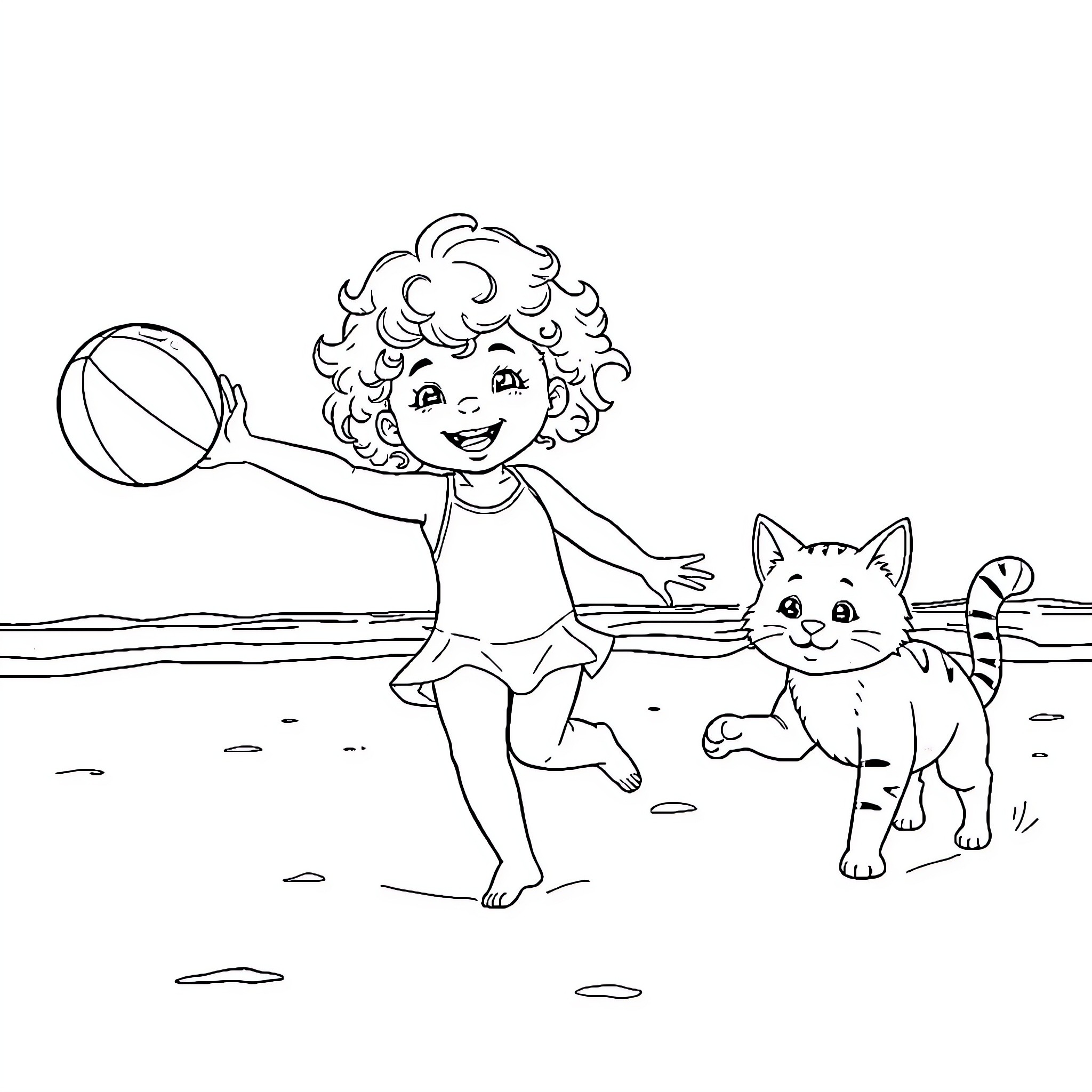 Girl playing joyfully with cat on the beach Coloring Page (free black-and-white line drawing printable PDF for all, from beginners to advanced learners, including children, teens, adults, and seniors)