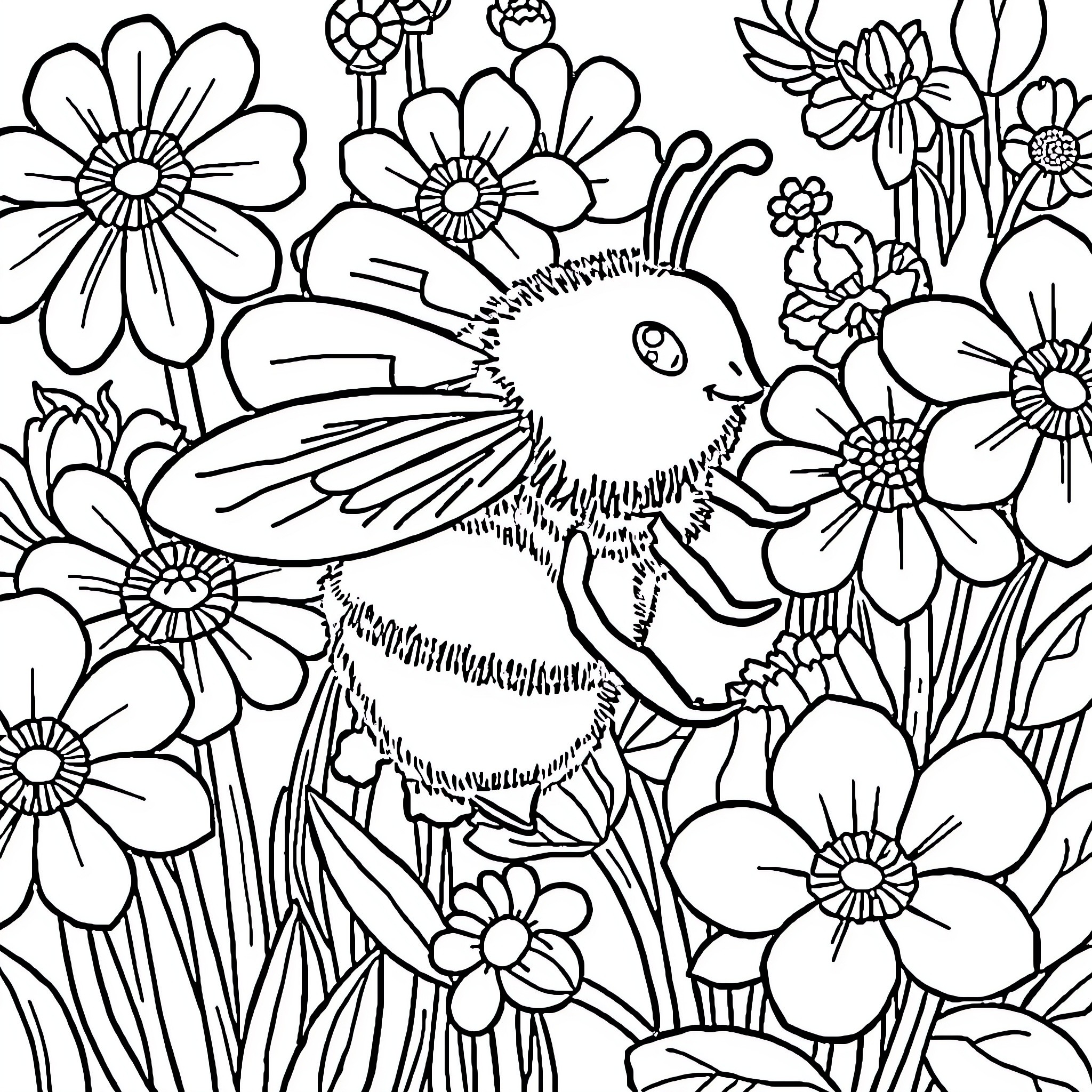 Bumblebee exploring a floral paradise Coloring Page (free black-and-white line drawing printable PDF for all, from beginners to advanced learners, including children, teens, adults, and seniors)