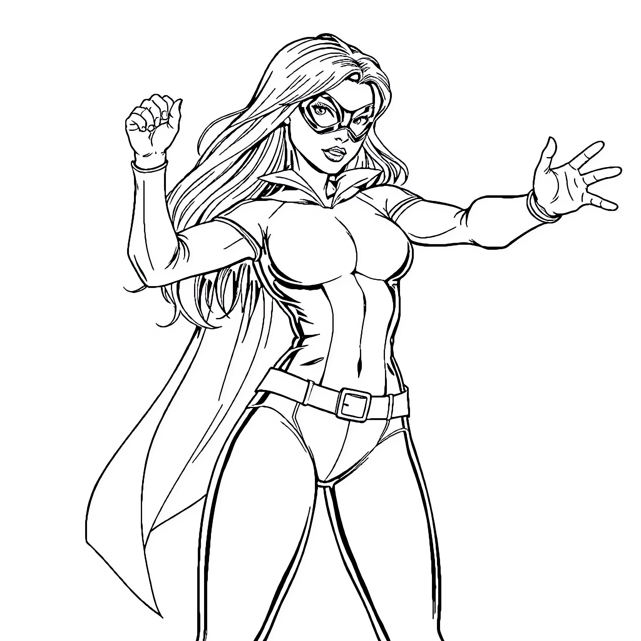 Superheroine Striking a Heroic Pose Coloring Page (free black-and-white line drawing printable PDF for all, from beginners to advanced learners, including children, teens, adults, and seniors)