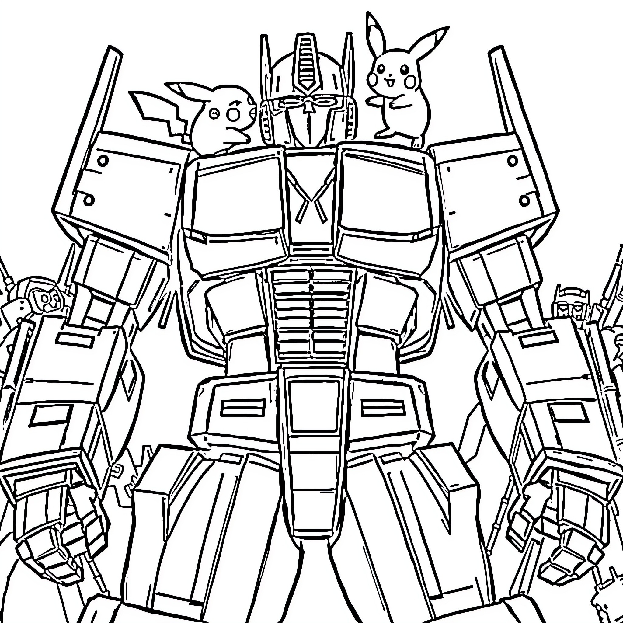 Optimus Prime and Friends in Action Coloring Page (free black-and-white line drawing printable PDF for all, from beginners to advanced learners, including children, teens, adults, and seniors)