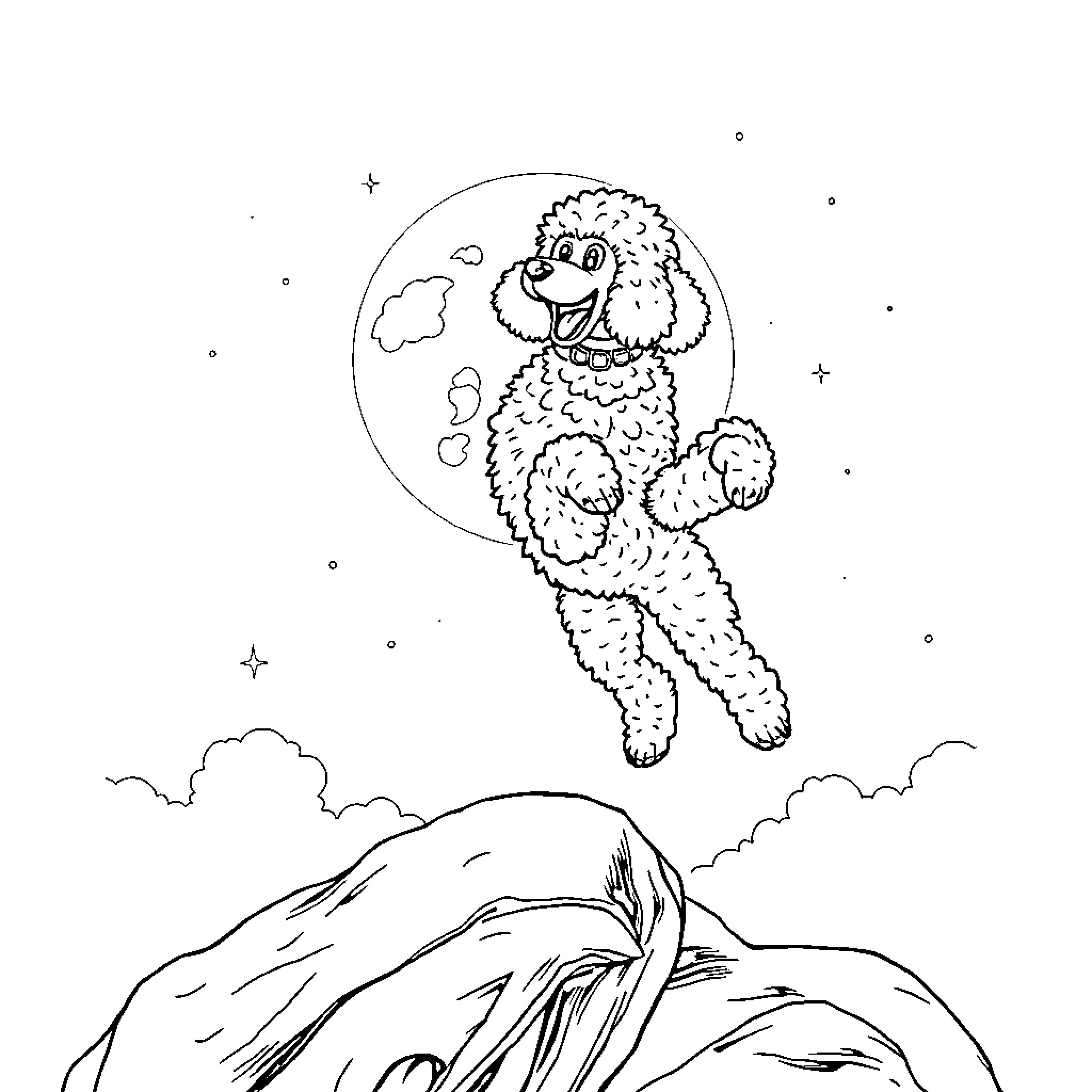 Poodle leaping joyfully under the starry night sky Coloring Page (free black-and-white line drawing printable PDF for all, from beginners to advanced learners, including children, teens, adults, and seniors)