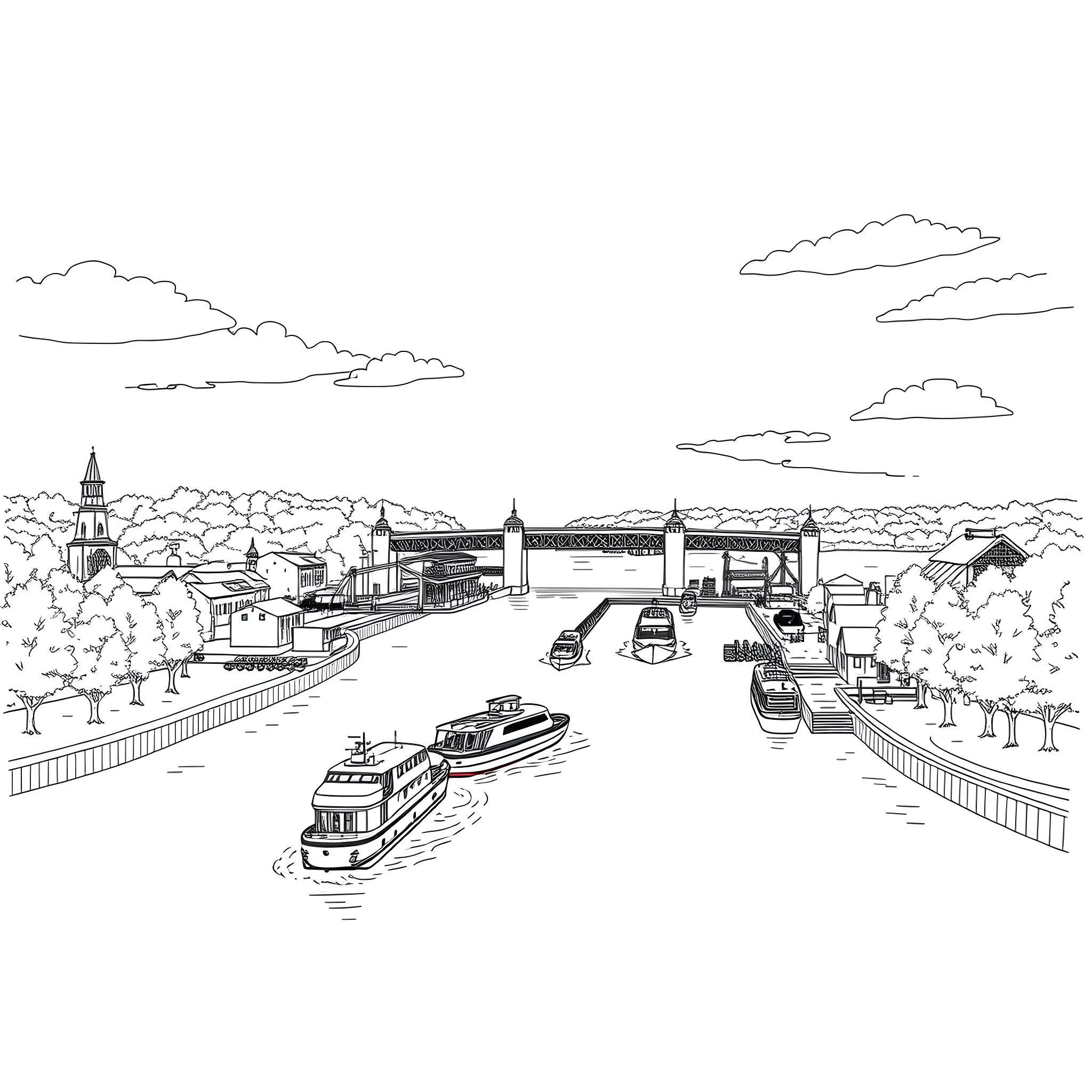 Sault Ste. Marie waterfront scene with boats and buildings Coloring Page (free black-and-white line drawing printable PDF for all, from beginners to advanced learners, including children, teens, adults, and seniors)