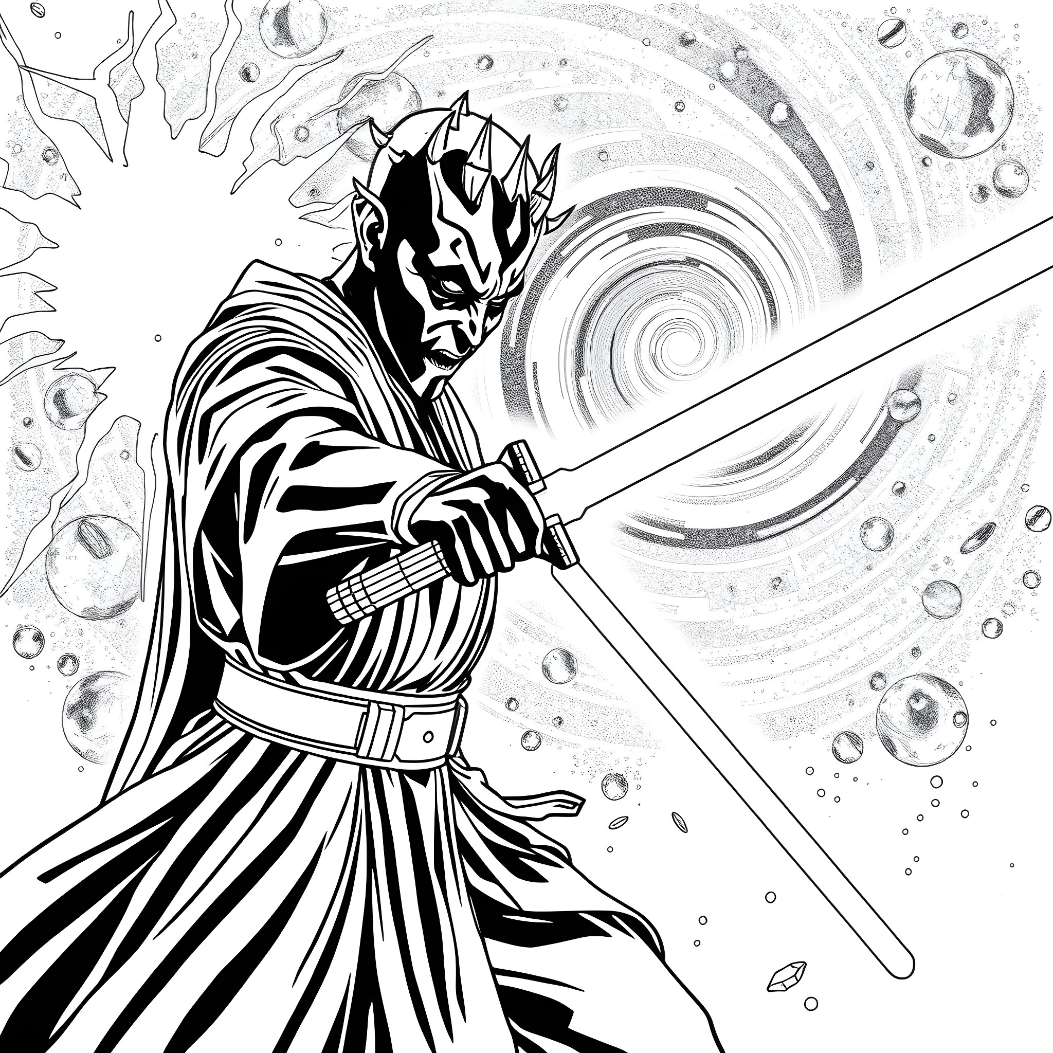 Darth Maul's Fierce Lightsaber Duel in the Cosmos Coloring Page (free black-and-white line drawing printable PDF for all, from beginners to advanced learners, including children, teens, adults, and seniors)