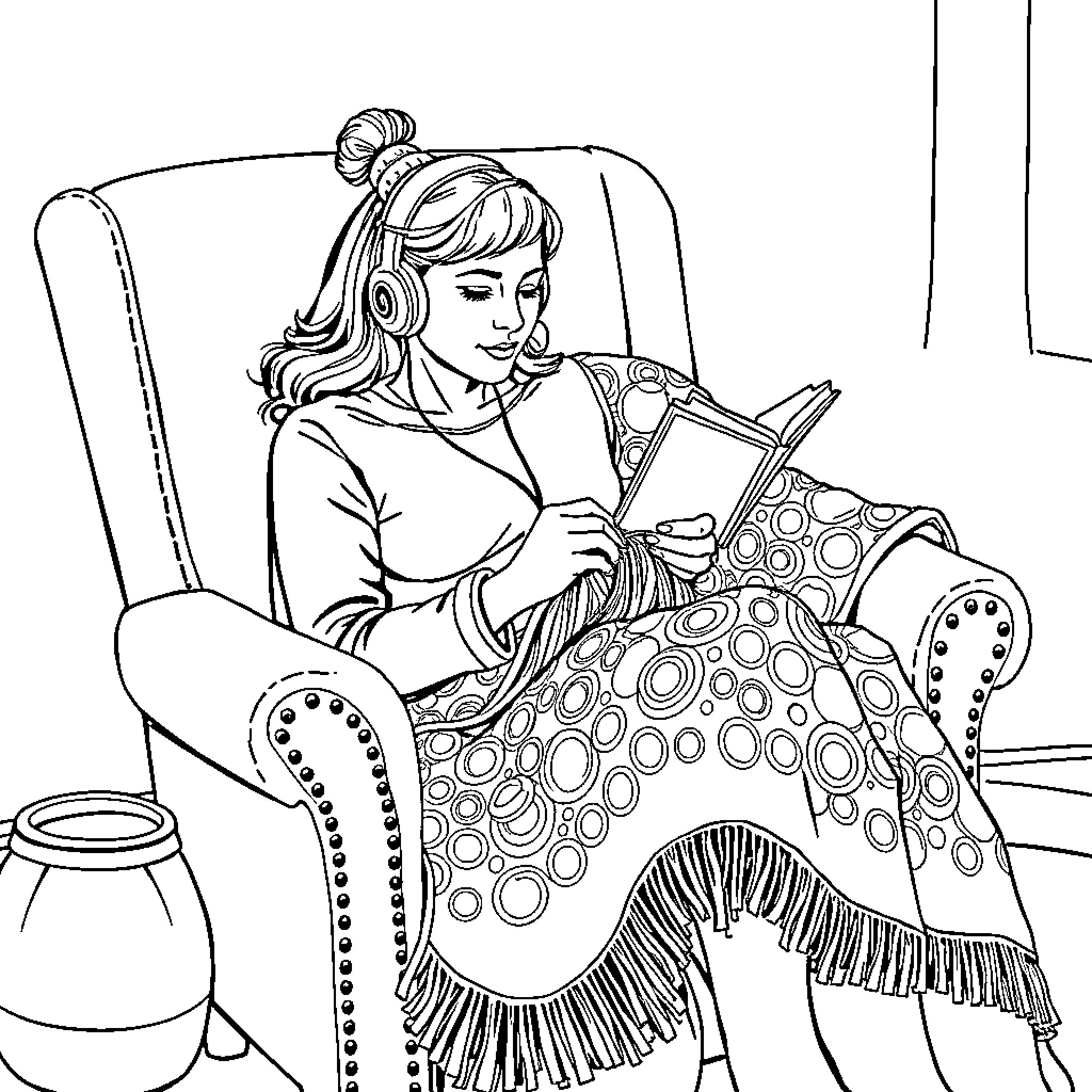 Mom Relaxing and Reading a Book Coloring Page (free black-and-white line drawing printable PDF for all, from beginners to advanced learners, including children, teens, adults, and seniors)