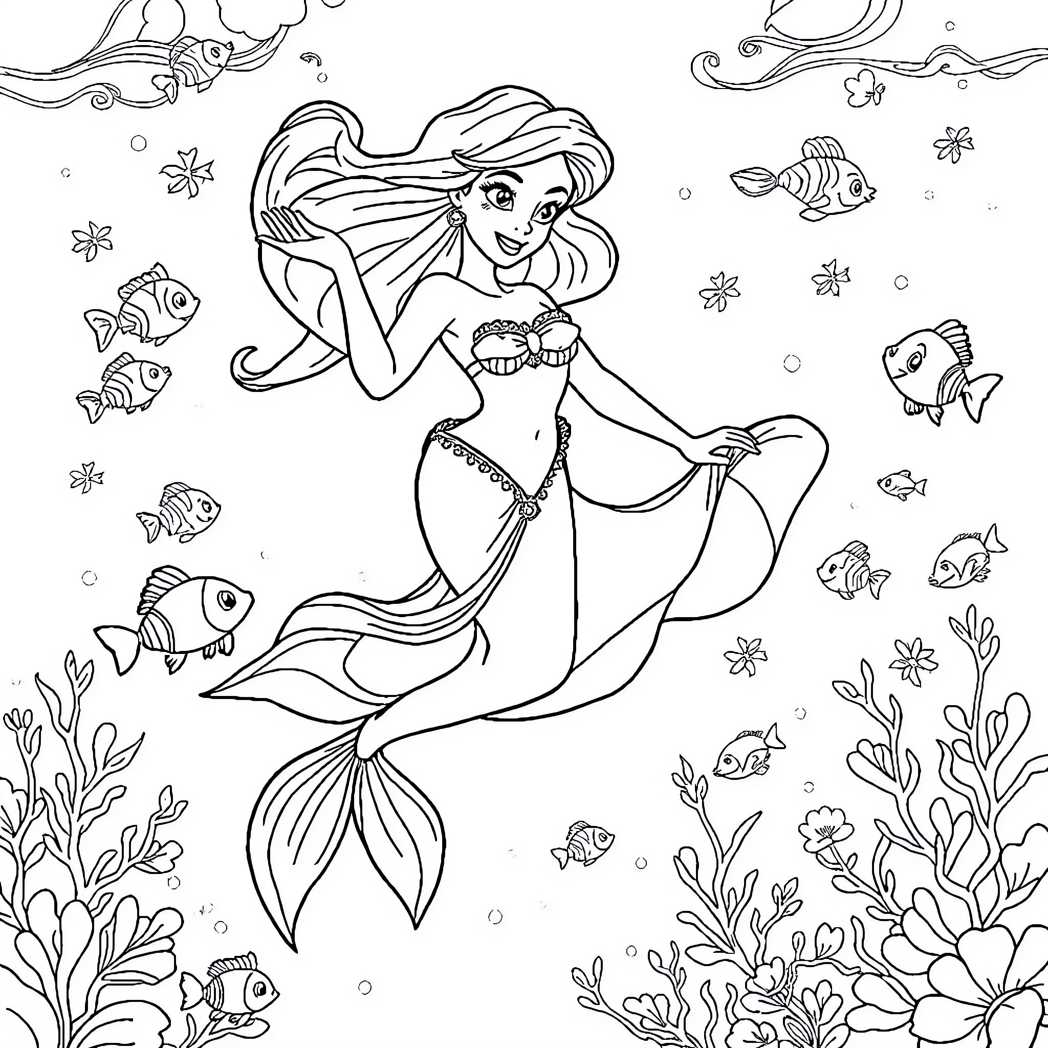 Ariel swimming gracefully among marine life Coloring Page (free black-and-white line drawing printable PDF for all, from beginners to advanced learners, including children, teens, adults, and seniors)