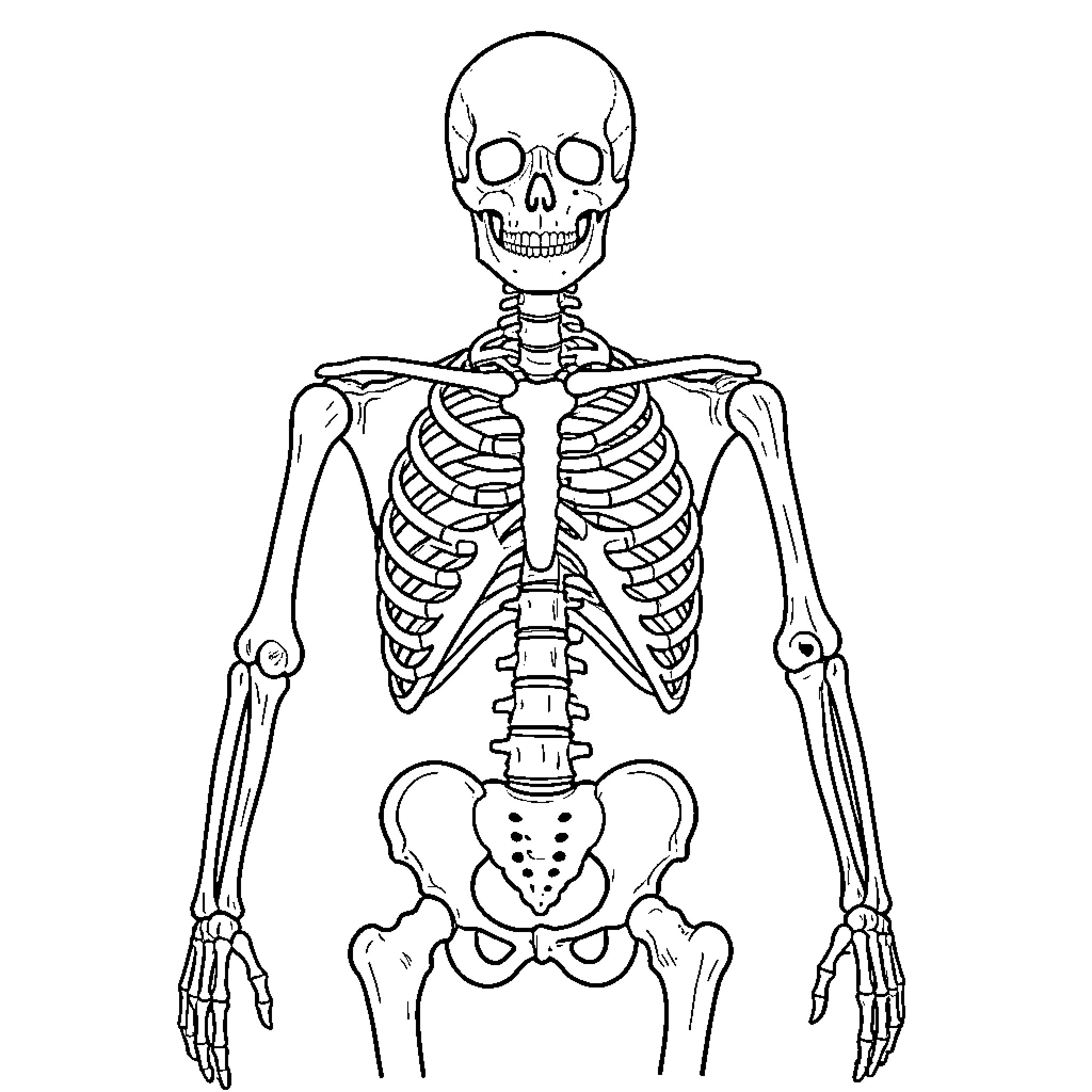 Skeletal System Anatomy Diagram Coloring Page (free black-and-white line drawing printable PDF for all, from beginners to advanced learners, including children, teens, adults, and seniors)