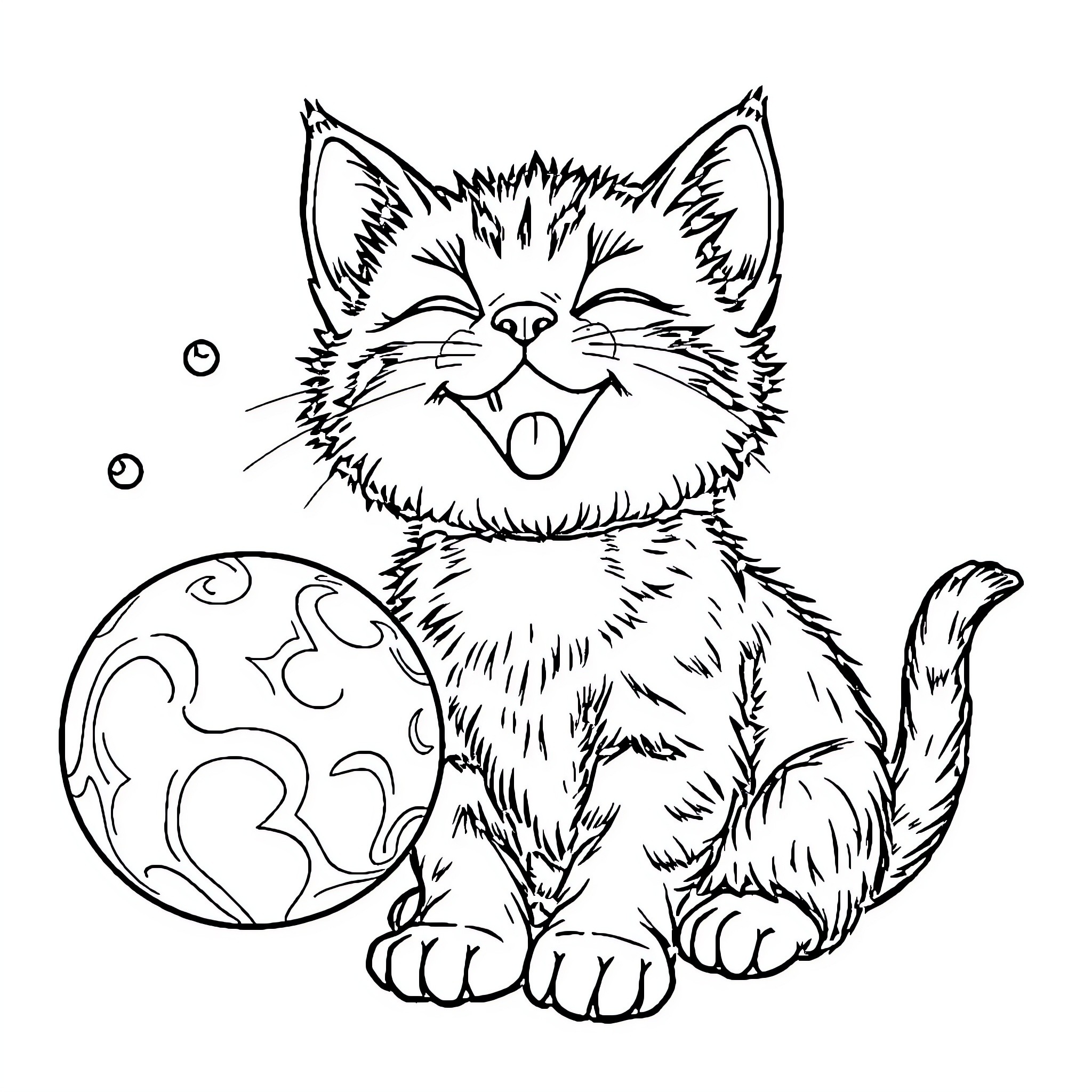 Cat playing with ball and enjoying the night Coloring Page (free black-and-white line drawing printable PDF for all, from beginners to advanced learners, including children, teens, adults, and seniors)