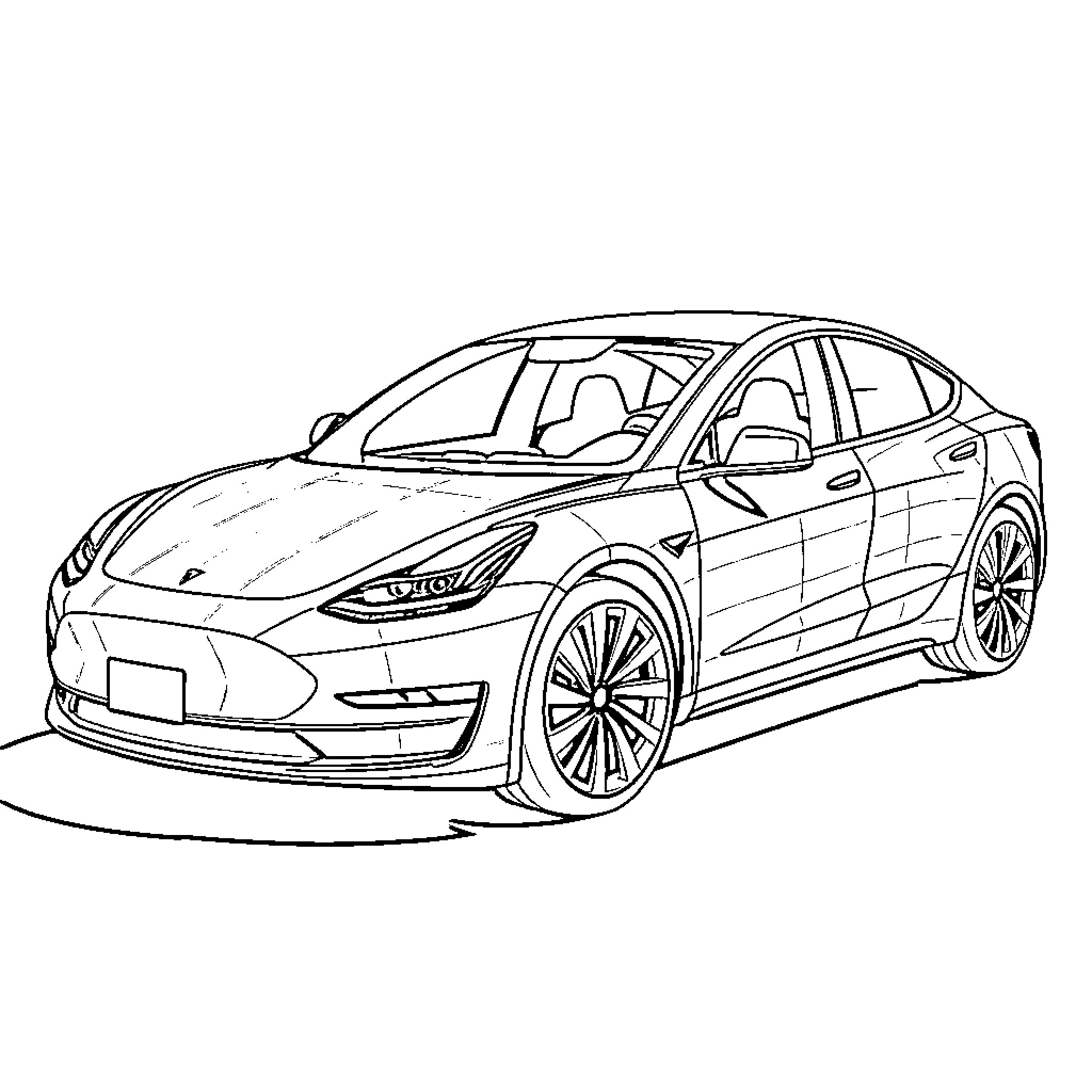 Tesla electric vehicle on the road Coloring Page (free black-and-white line drawing printable PDF for all, from beginners to advanced learners, including children, teens, adults, and seniors)