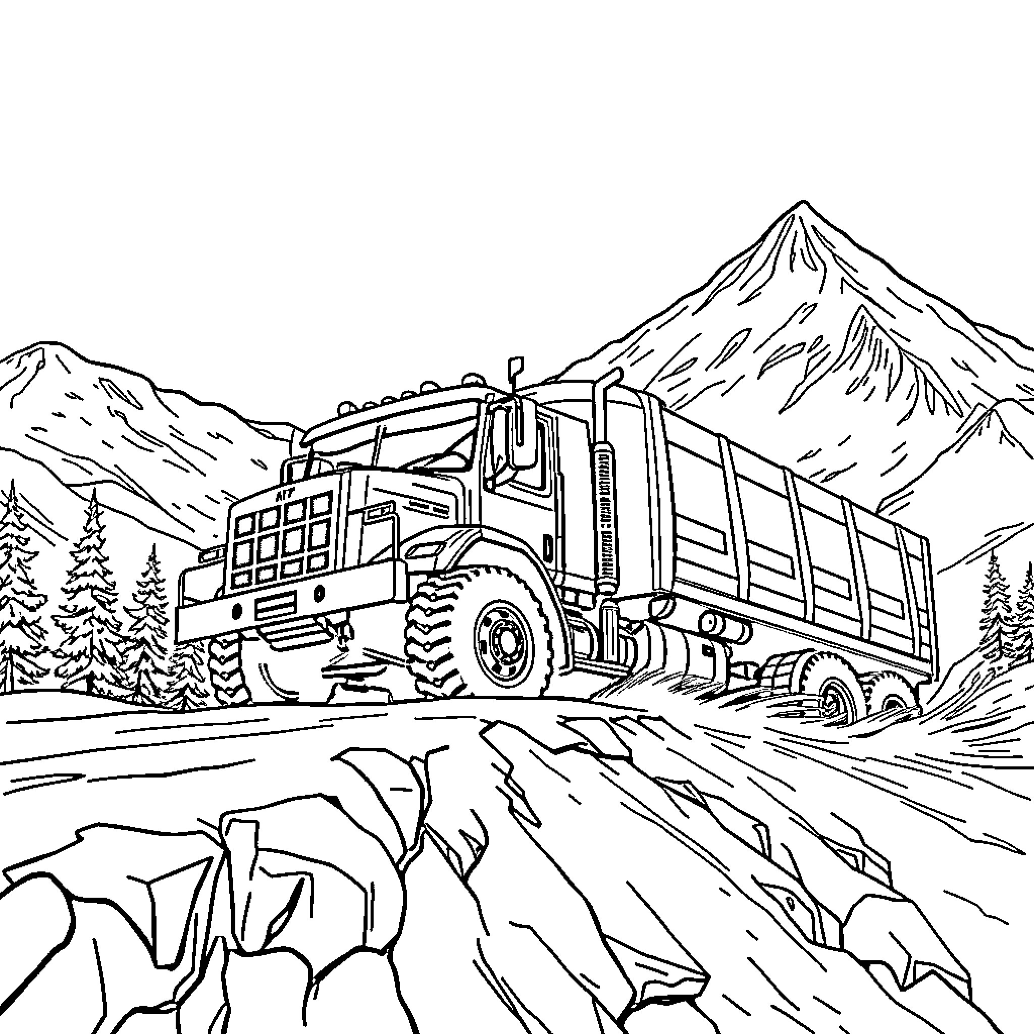 D'orge's Heavy Duty Truck on Mountain Road Coloring Page (free black-and-white line drawing printable PDF for all, from beginners to advanced learners, including children, teens, adults, and seniors)