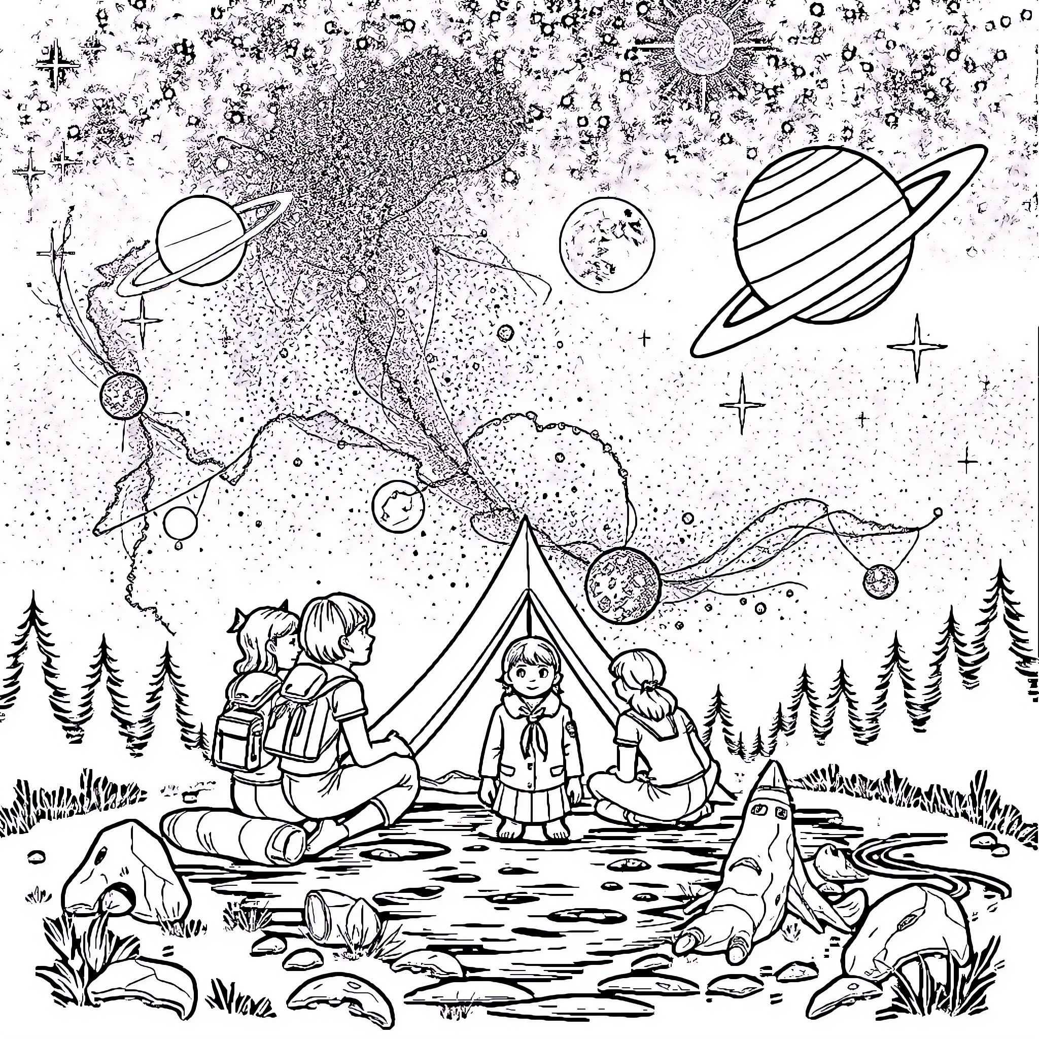 Girl Scout Camping in the Cosmic Wilderness Coloring Page (free black-and-white line drawing printable PDF for all, from beginners to advanced learners, including children, teens, adults, and seniors)