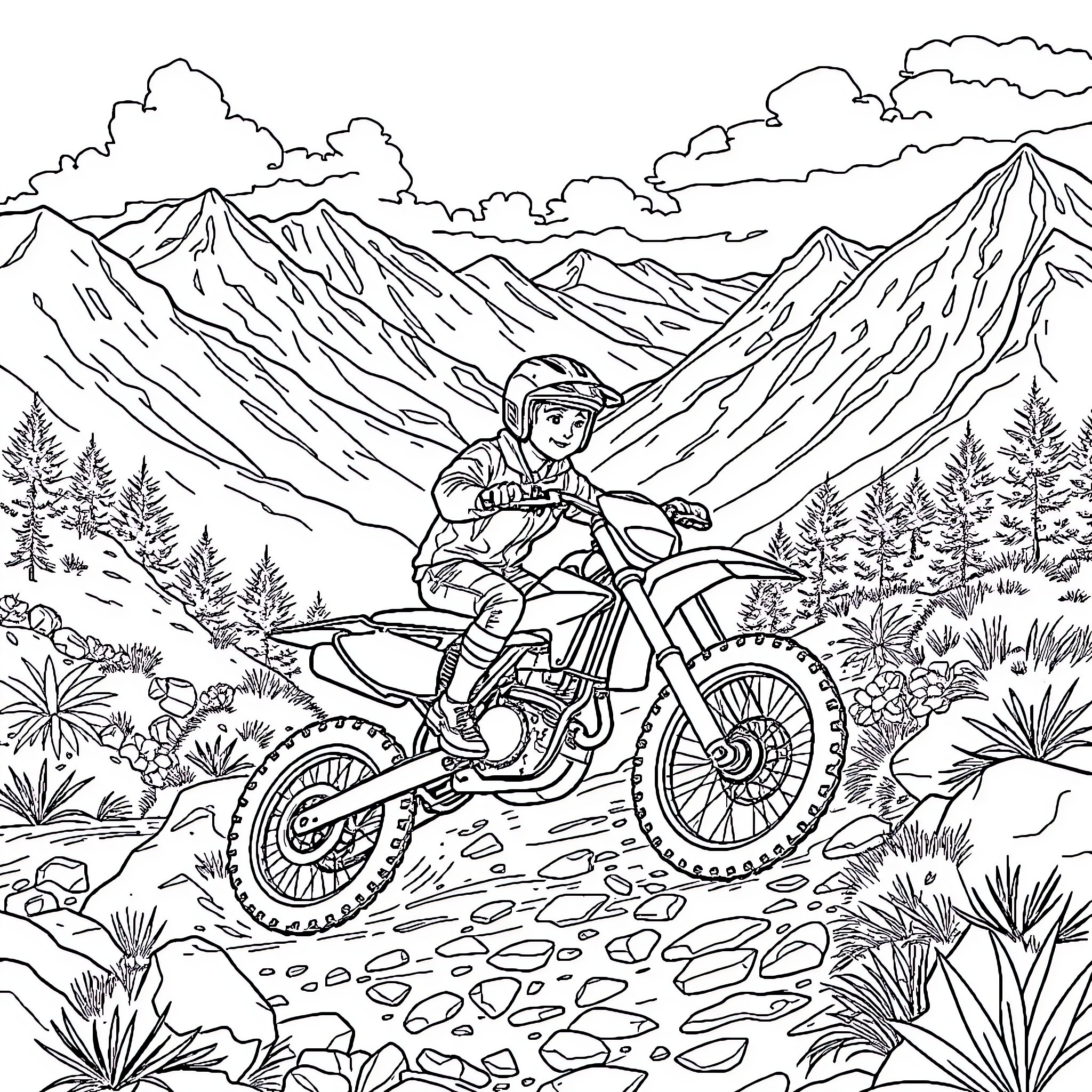 Boy riding dirt bike through rugged mountain landscape Coloring Page (free black-and-white line drawing printable PDF for all, from beginners to advanced learners, including children, teens, adults, and seniors)