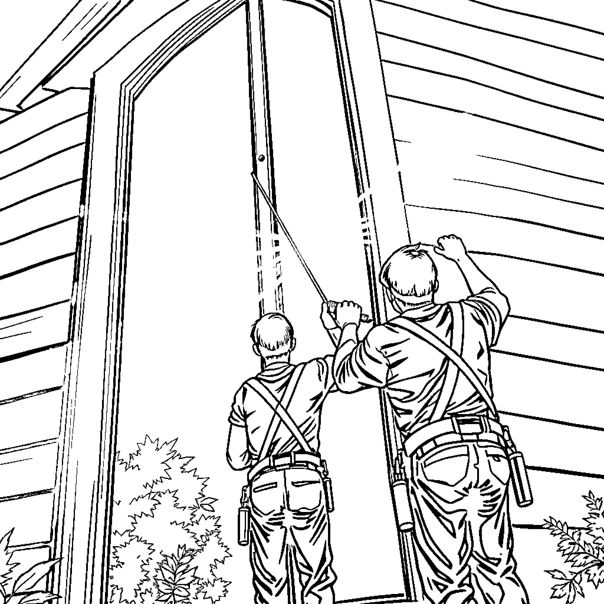 Man Painting Wooden House Exterior Coloring Page (free black-and-white line drawing printable PDF for all, from beginners to advanced learners, including children, teens, adults, and seniors)