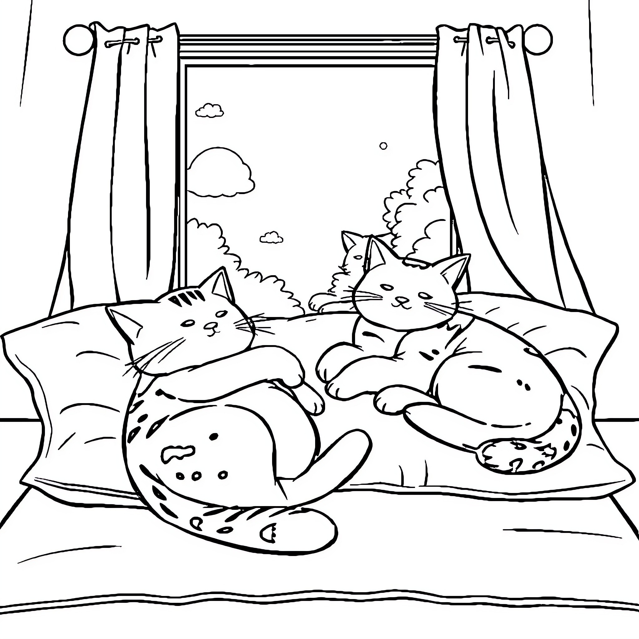 Cats Napping Peacefully at Home Coloring Page (free black-and-white line drawing printable PDF for all, from beginners to advanced learners, including children, teens, adults, and seniors)