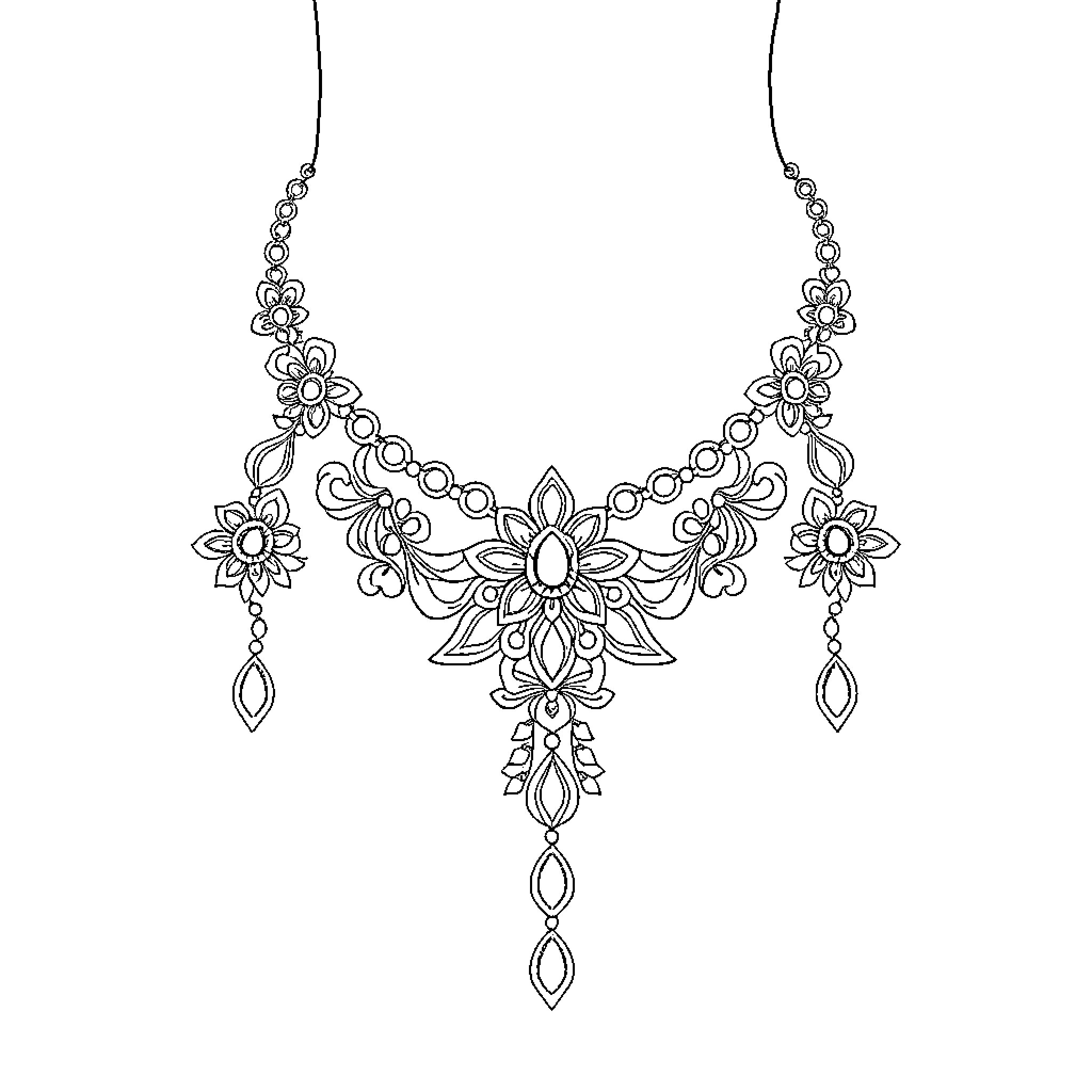 Necklace with intricate floral designs Coloring Page (free black-and-white line drawing printable PDF for all, from beginners to advanced learners, including children, teens, adults, and seniors)