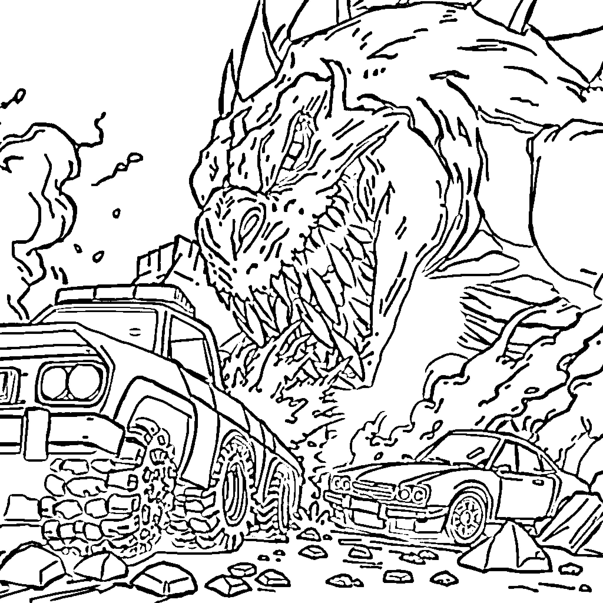 Monster Attacks Vehicles in Chaotic Scene Coloring Page (free black-and-white line drawing printable PDF for all, from beginners to advanced learners, including children, teens, adults, and seniors)
