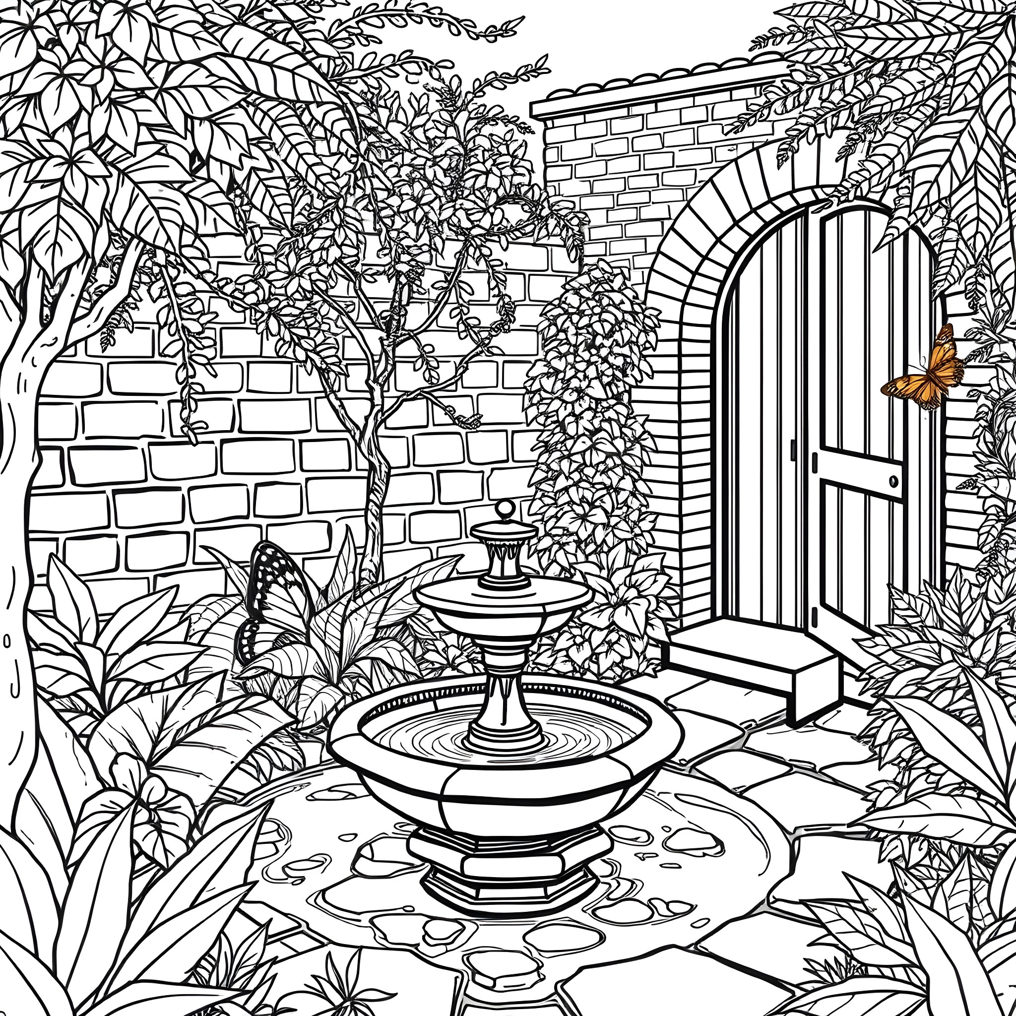 Garden with Lush Foliage and Charming Entrance Coloring Page (free black-and-white line drawing printable PDF for all, from beginners to advanced learners, including children, teens, adults, and seniors)