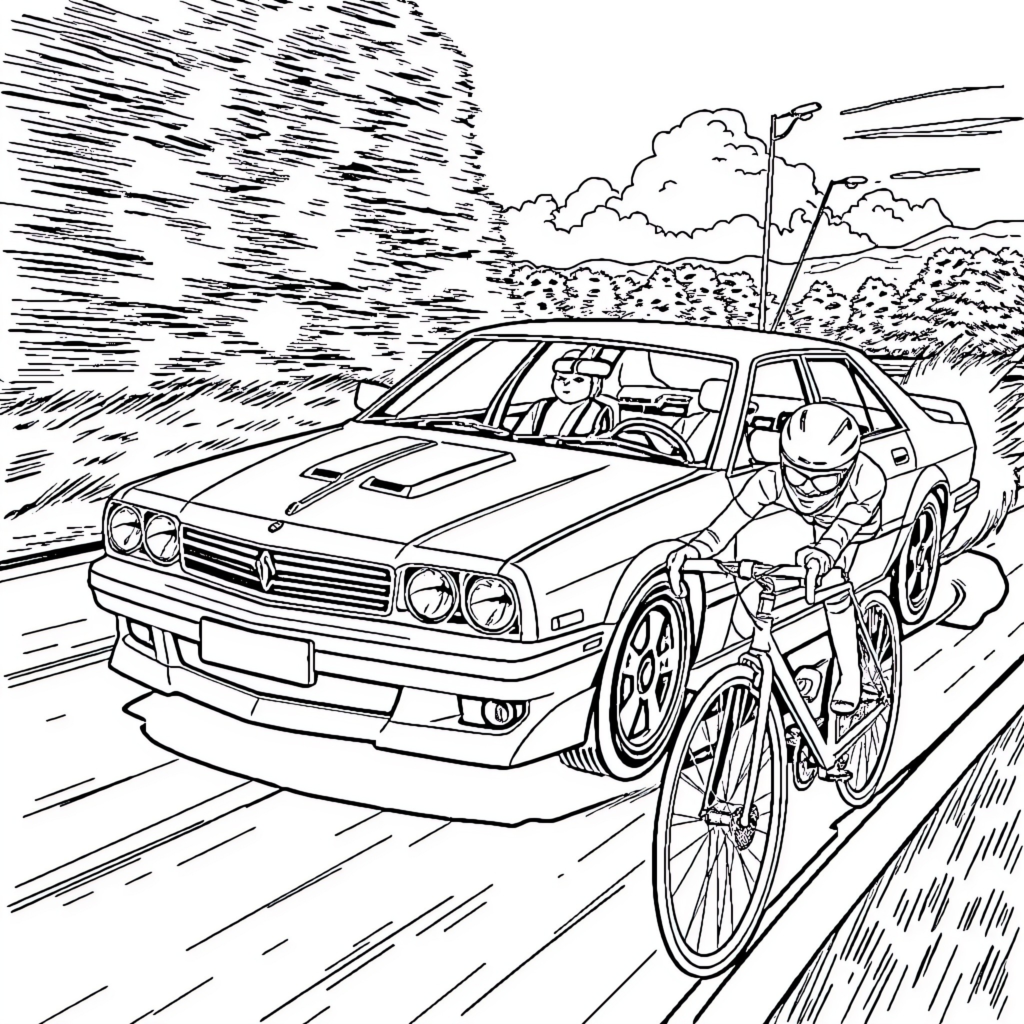 Holden car speeding past cyclist on the road Coloring Page (free black-and-white line drawing printable PDF for all, from beginners to advanced learners, including children, teens, adults, and seniors)