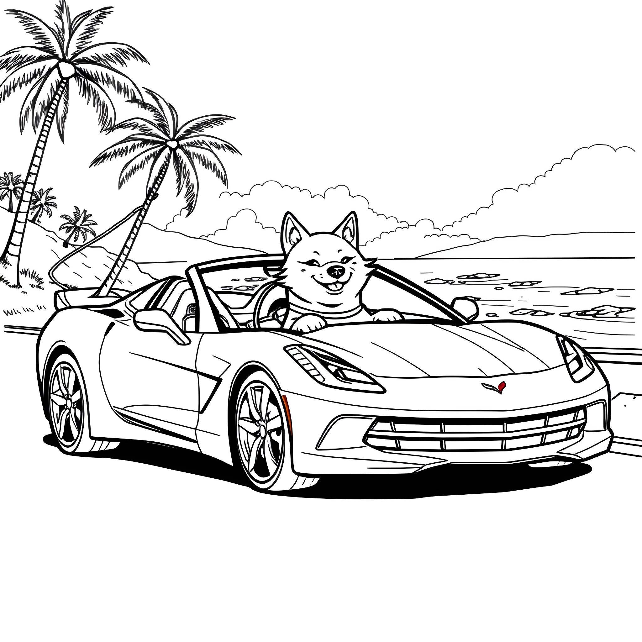 Shiba Inu enjoying a ride in sports car on beach Coloring Page (free black-and-white line drawing printable PDF for all, from beginners to advanced learners, including children, teens, adults, and seniors)
