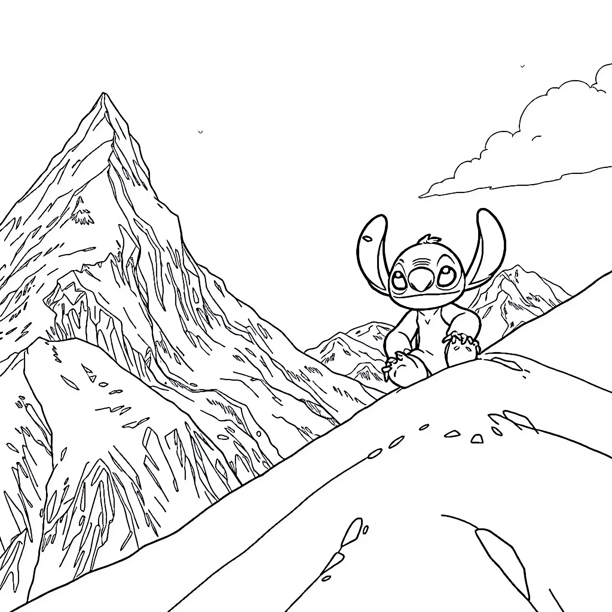 Lilo And Stitch exploring the mountainous landscape Coloring Page (free black-and-white line drawing printable PDF for all, from beginners to advanced learners, including children, teens, adults, and seniors)